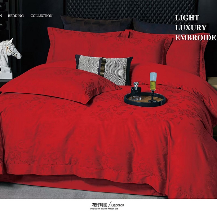 优姿家纺 2026新款全棉100支长绒棉提花四件套 花好月圆-大红