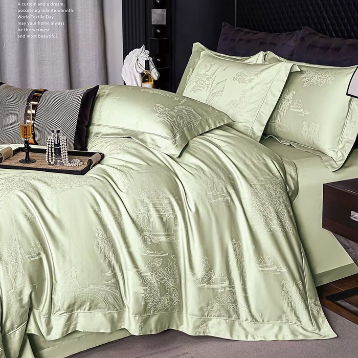 优姿家纺 2026新款全棉100支长绒棉提花四件套 醉花间水晶绿