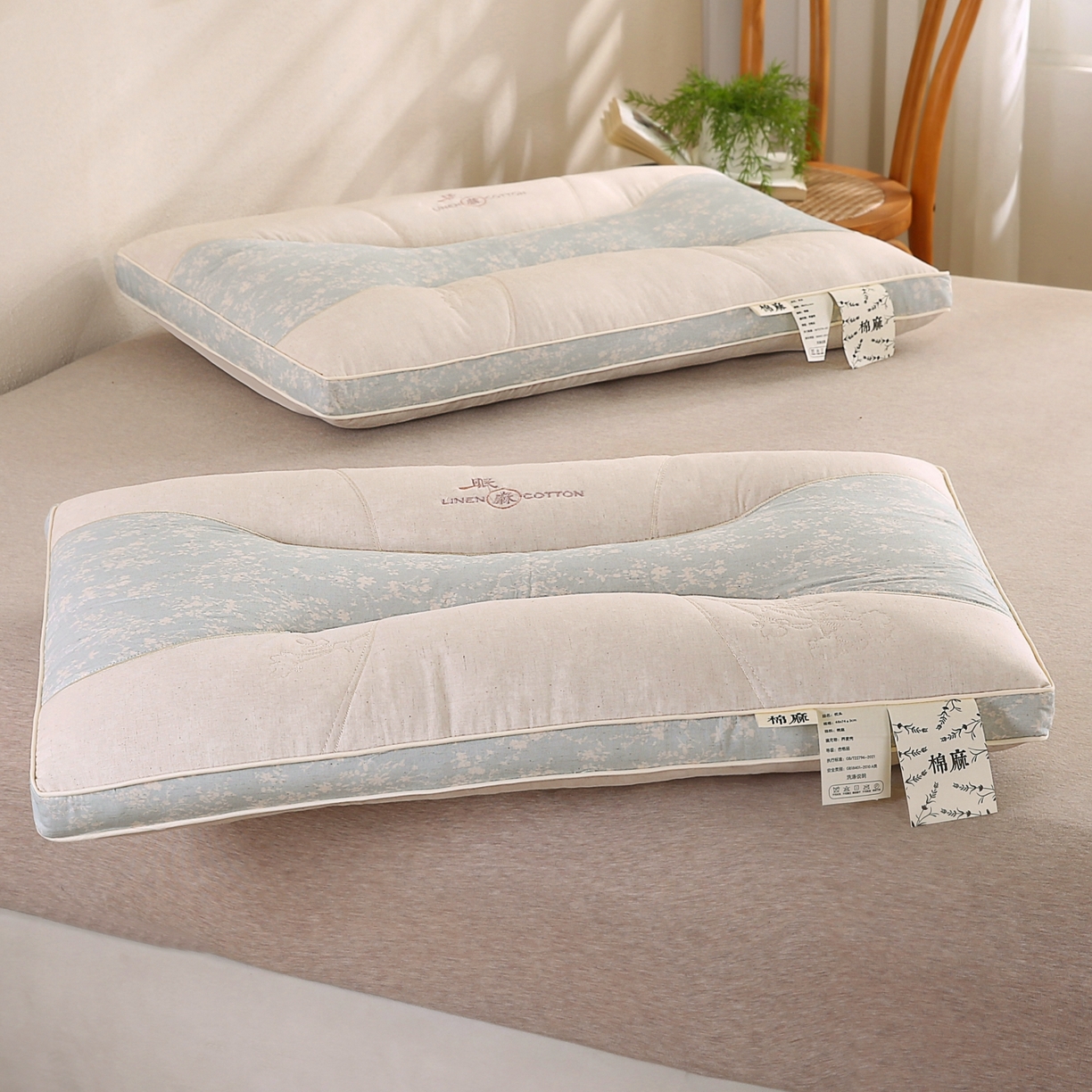 91家纺网 家纺一手货源 找家纺 鼎晟纺 2025新款国潮棉麻秋冬不上火枕头学生成人枕芯 天青色