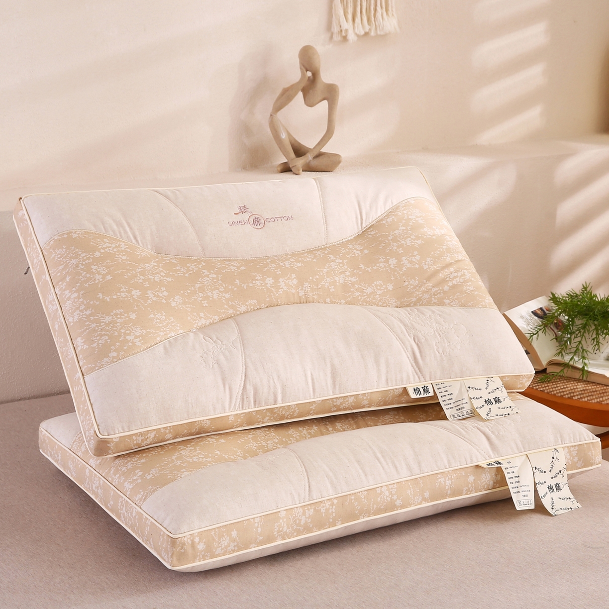 91家纺网 家纺一手货源 找家纺 鼎晟纺 2025新款国潮棉麻秋冬不上火枕头学生成人枕芯 亚麻棕