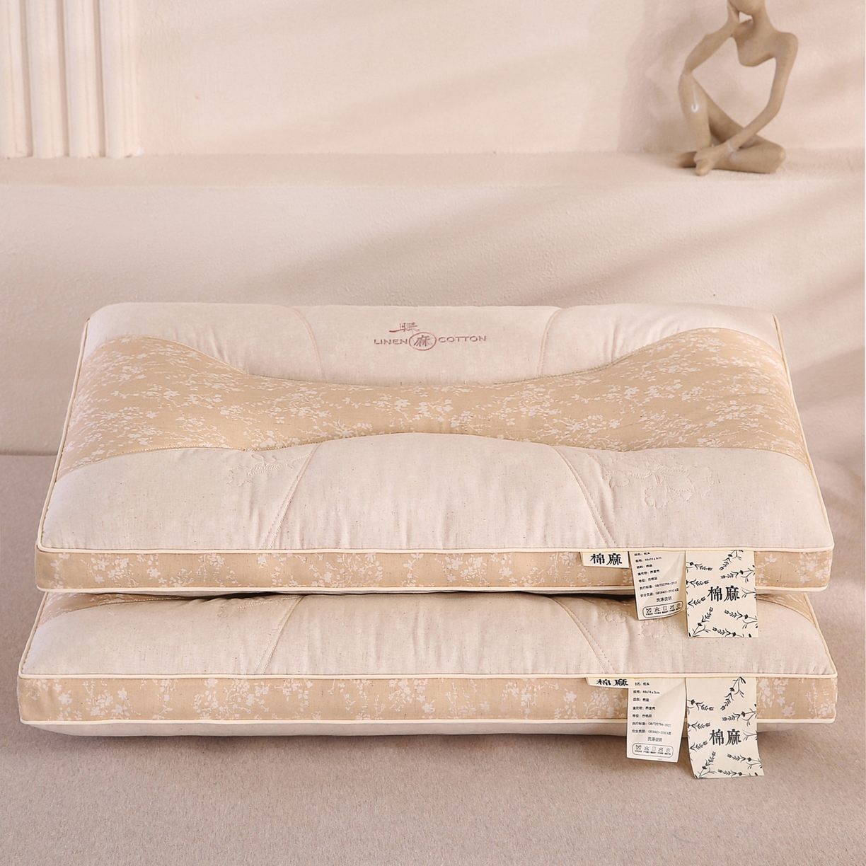 91家纺网 家纺一手货源 找家纺 鼎晟纺 2025新款国潮棉麻秋冬不上火枕头学生成人枕芯 亚麻棕