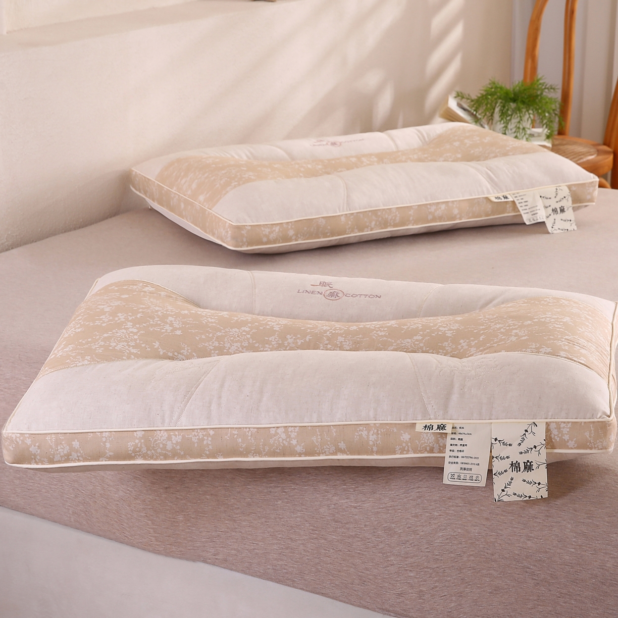 91家纺网 家纺一手货源 找家纺 鼎晟纺 2025新款国潮棉麻秋冬不上火枕头学生成人枕芯 亚麻棕