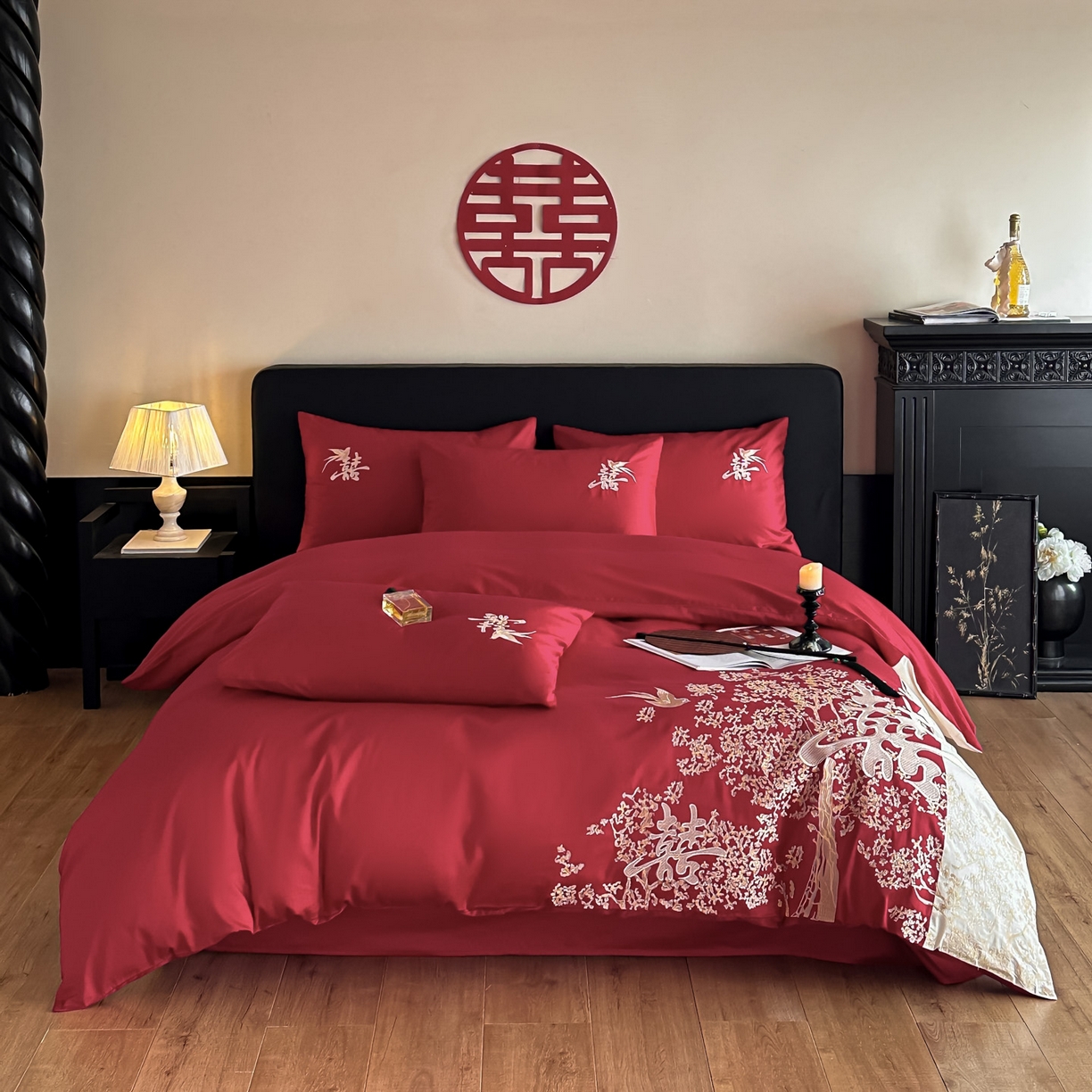 91家纺网 家纺一手货源 找家纺 （总）帝王家纺 2025新款亲肤棉磨毛全棉纯棉刺绣婚庆四件套红色结婚床上用品-喜上眉梢