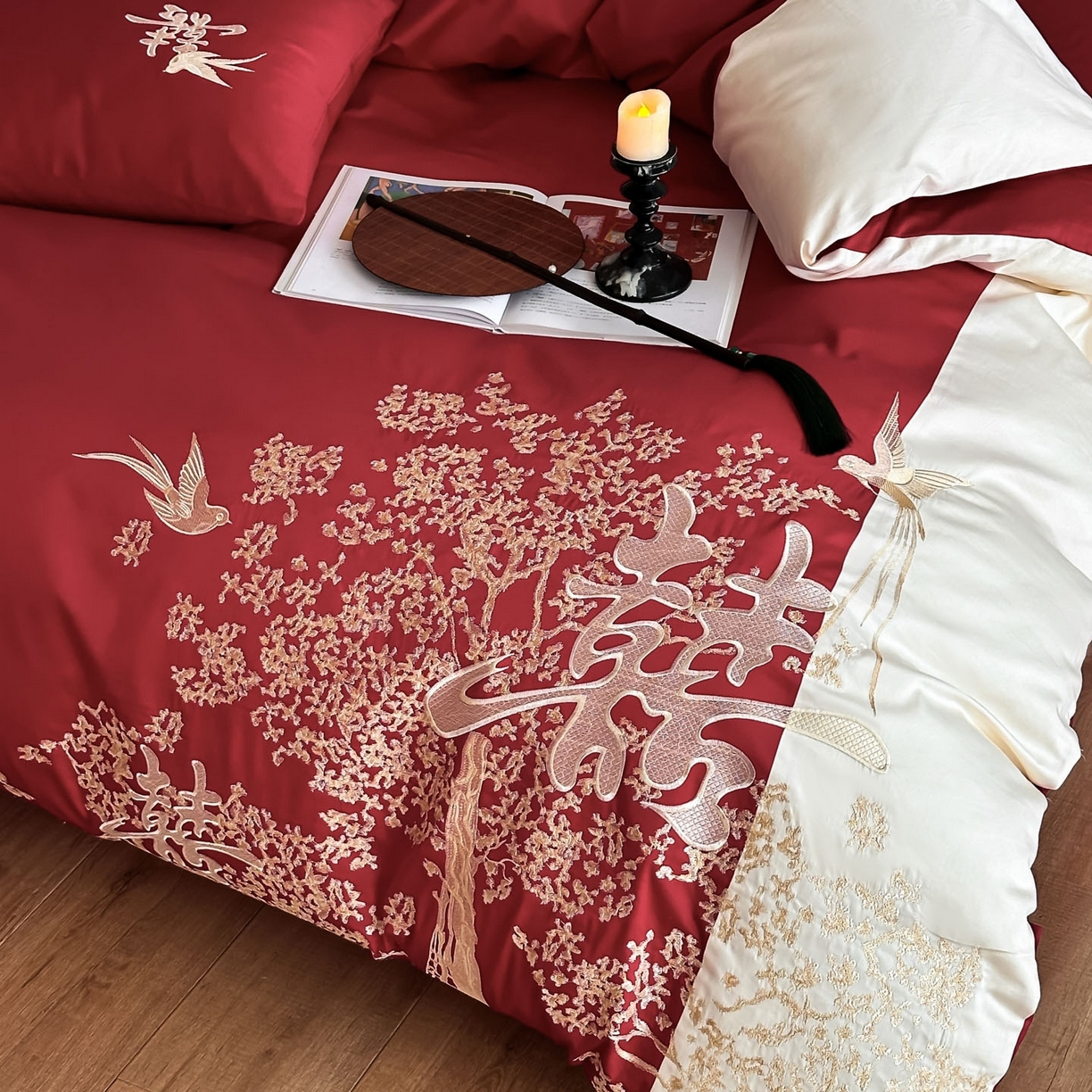 91家纺网 家纺一手货源 找家纺 （总）帝王家纺 2025新款亲肤棉磨毛全棉纯棉刺绣婚庆四件套红色结婚床上用品-喜上眉梢
