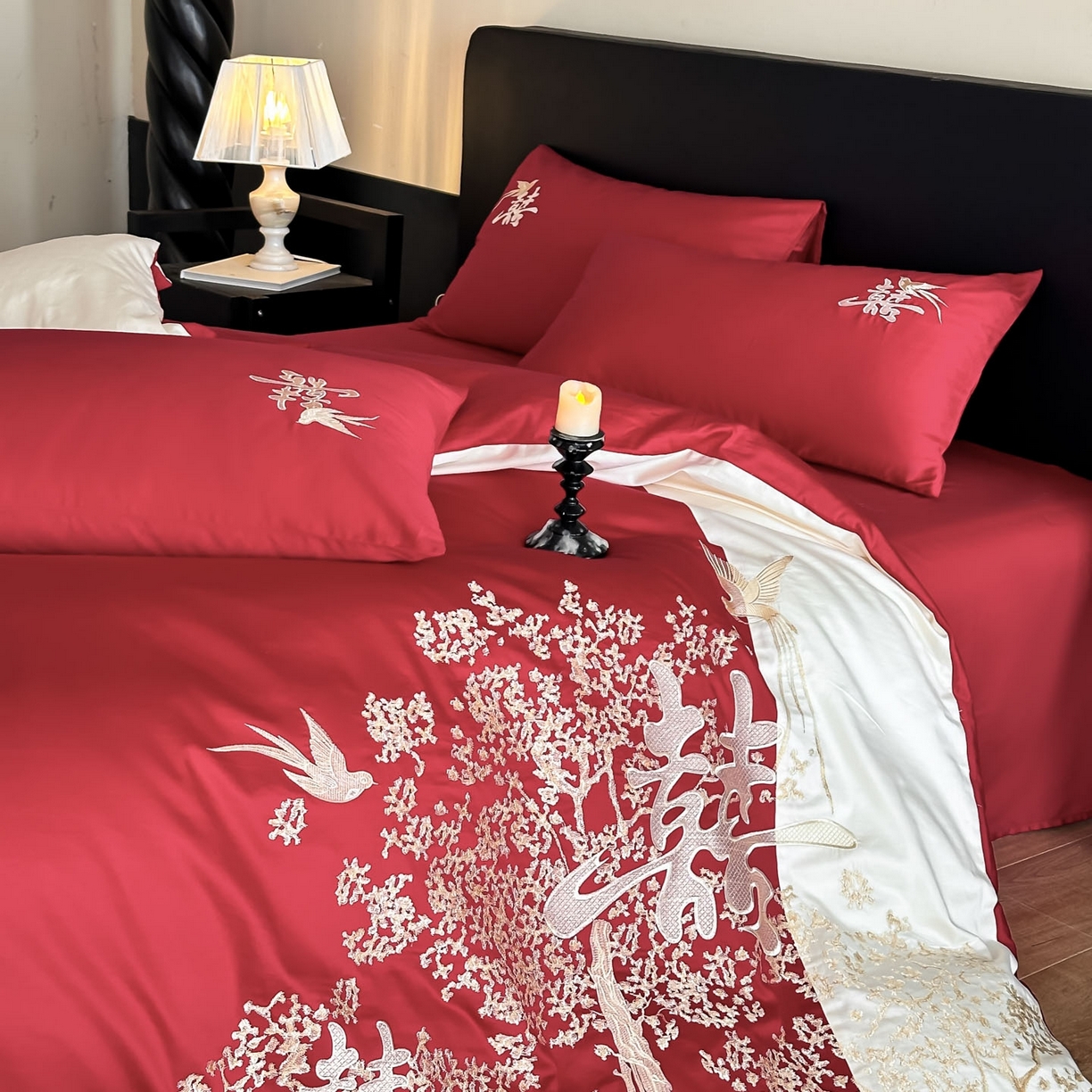 91家纺网 家纺一手货源 找家纺 （总）帝王家纺 2025新款亲肤棉磨毛全棉纯棉刺绣婚庆四件套红色结婚床上用品-喜上眉梢