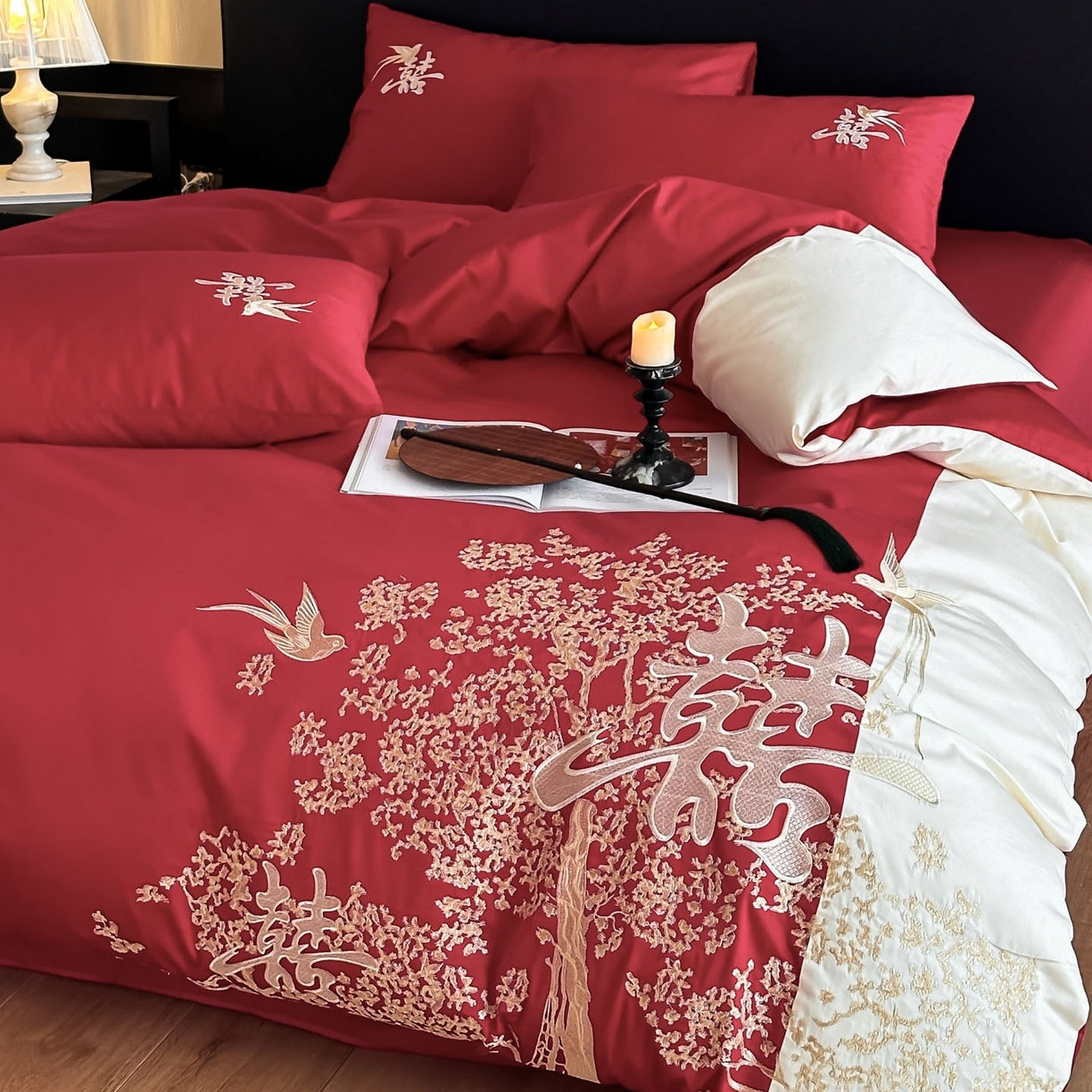 91家纺网 家纺一手货源 找家纺 （总）帝王家纺 2025新款亲肤棉磨毛全棉纯棉刺绣婚庆四件套红色结婚床上用品-喜上眉梢