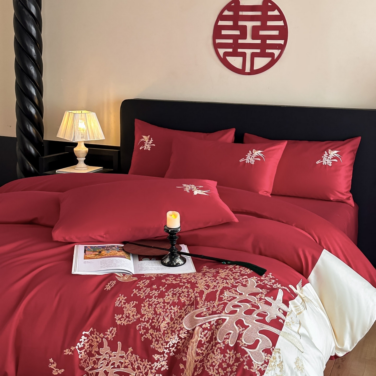 91家纺网 家纺一手货源 找家纺 （总）帝王家纺 2025新款亲肤棉磨毛全棉纯棉刺绣婚庆四件套红色结婚床上用品-喜上眉梢