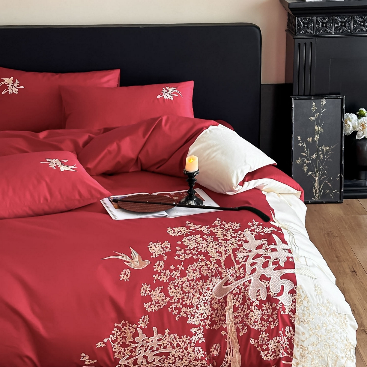 91家纺网 家纺一手货源 找家纺 （总）帝王家纺 2025新款亲肤棉磨毛全棉纯棉刺绣婚庆四件套红色结婚床上用品-喜上眉梢