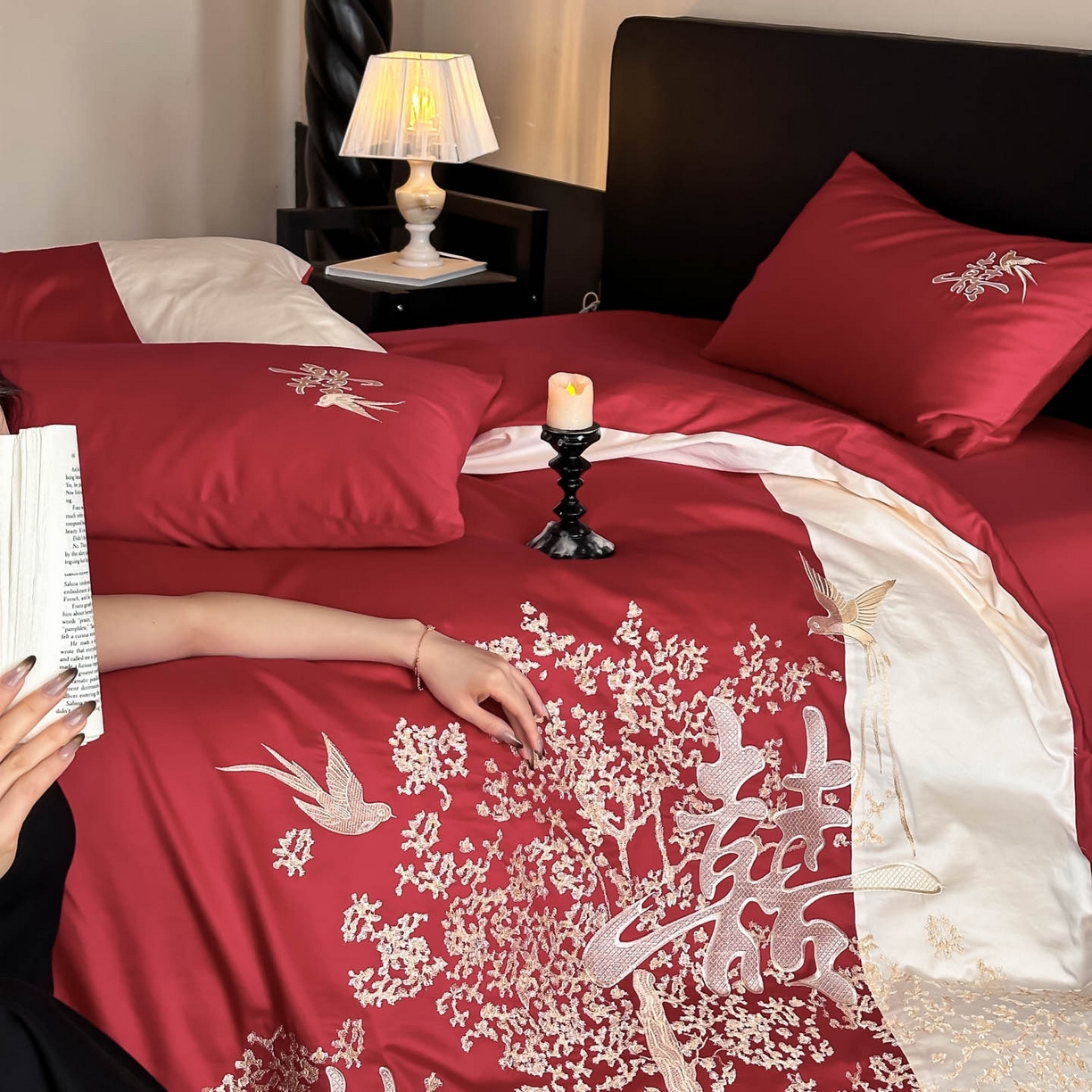 91家纺网 家纺一手货源 找家纺 （总）帝王家纺 2025新款亲肤棉磨毛全棉纯棉刺绣婚庆四件套红色结婚床上用品-喜上眉梢