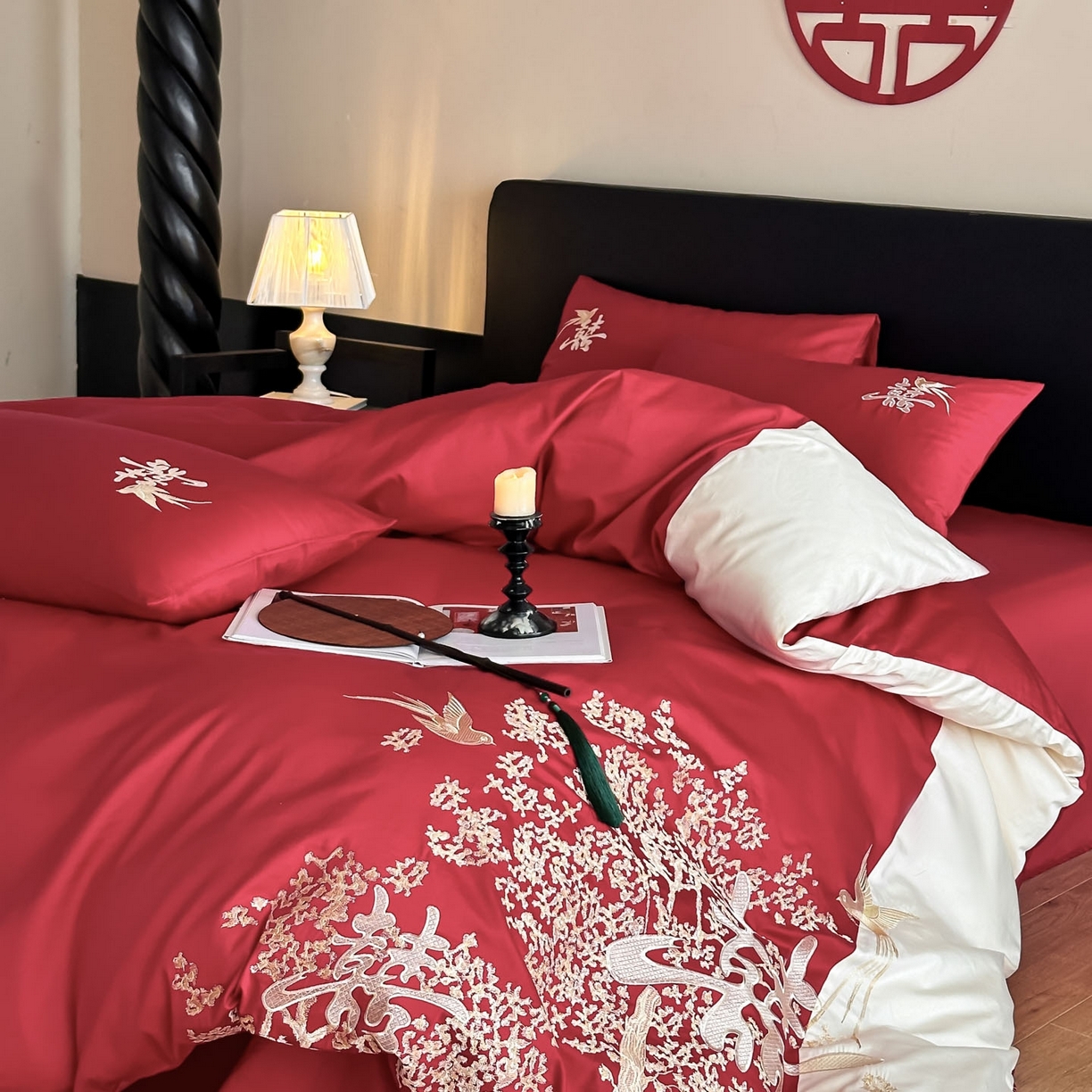 91家纺网 家纺一手货源 找家纺 （总）帝王家纺 2025新款亲肤棉磨毛全棉纯棉刺绣婚庆四件套红色结婚床上用品-喜上眉梢