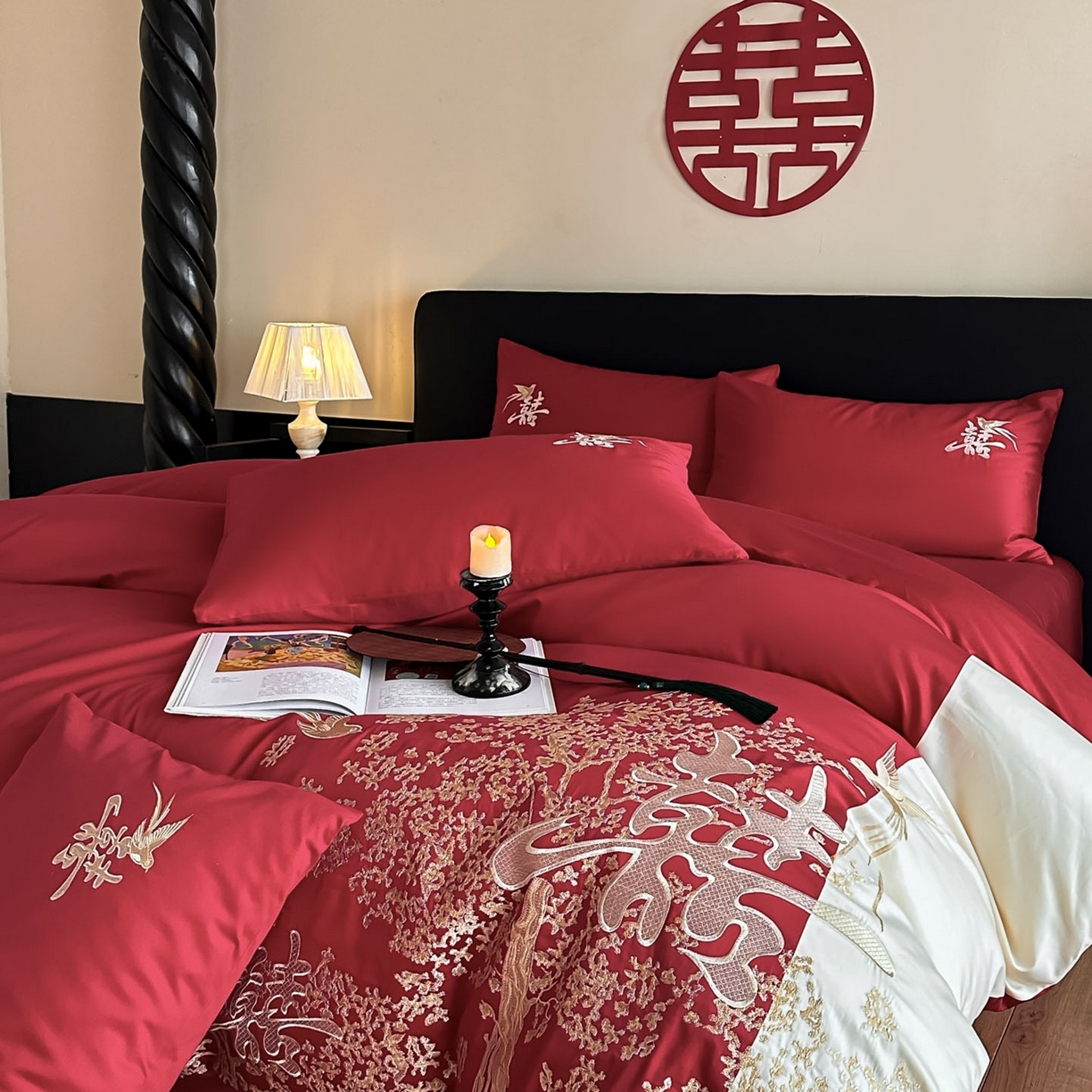 91家纺网 家纺一手货源 找家纺 （总）帝王家纺 2025新款亲肤棉磨毛全棉纯棉刺绣婚庆四件套红色结婚床上用品-喜上眉梢