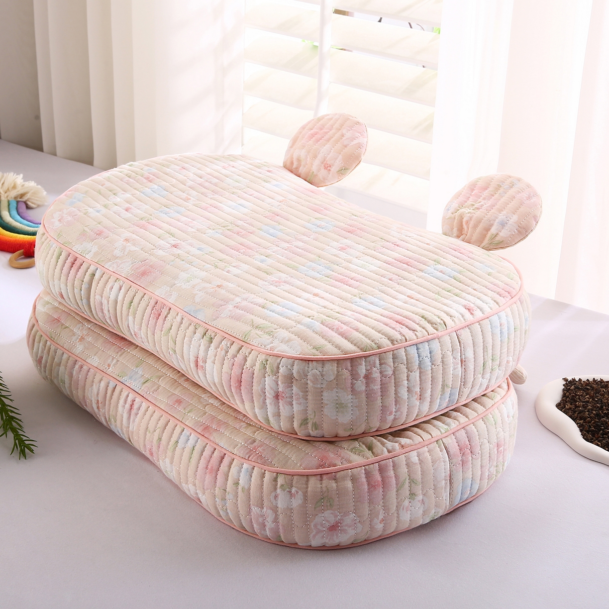 鼎晟纺 2025新款米奇耳朵全棉双层纱枕头枕芯可拆洗可替换内胆荞麦壳枕头枕芯 清桃粉