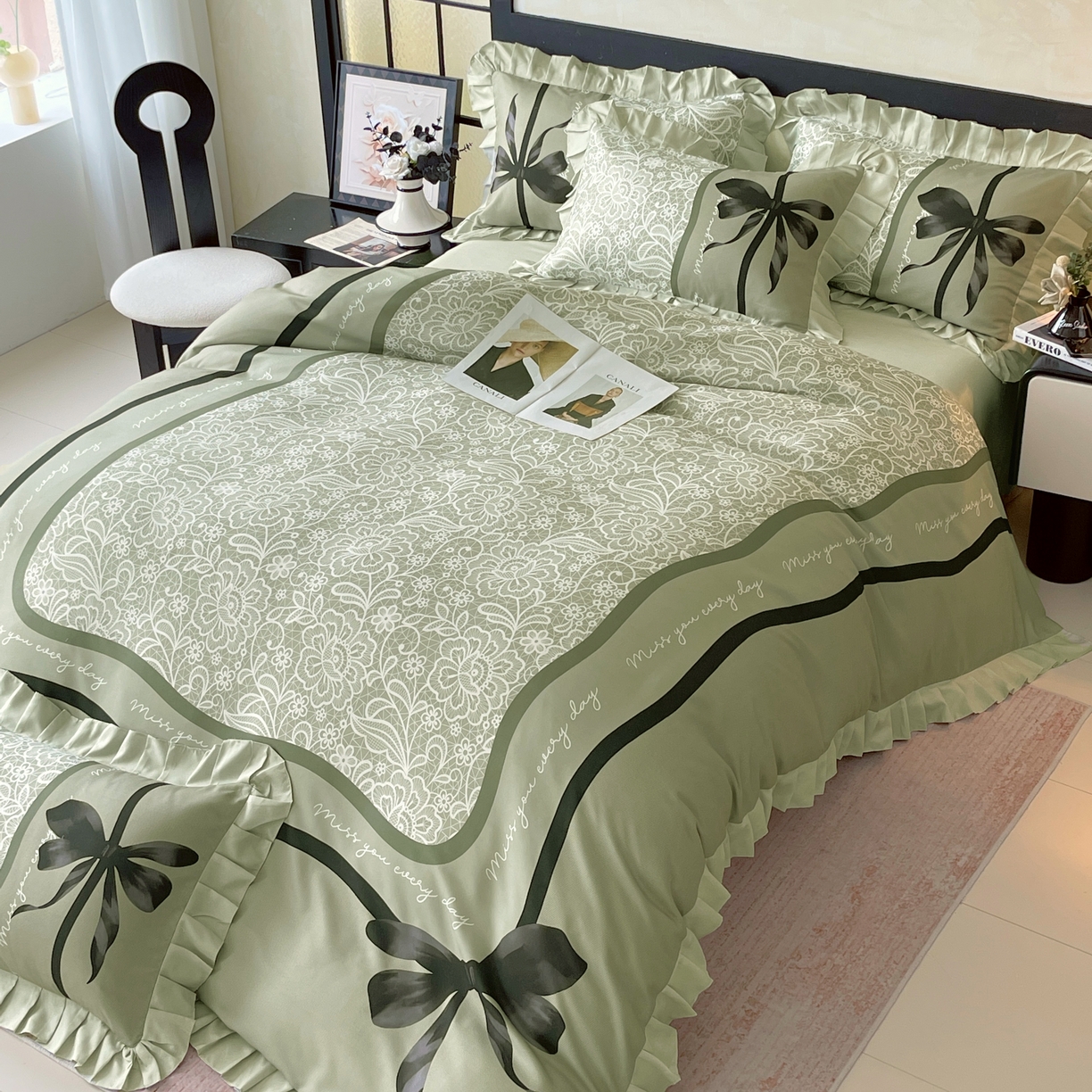 91家纺网 家纺一手货源 找家纺 大麦乐田 2025新款加厚磨毛植物羊绒韩版四件套 法式浪漫 绿