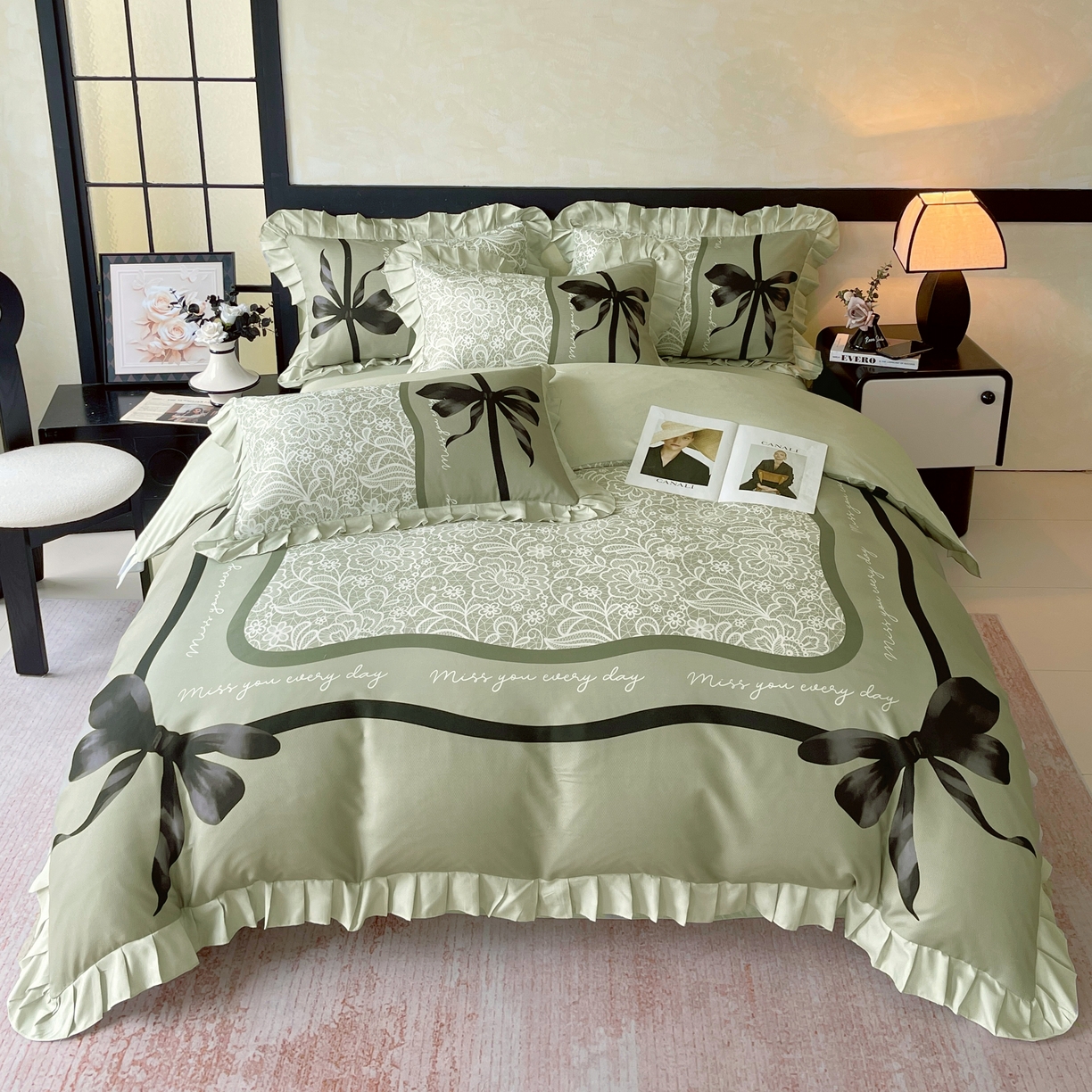 91家纺网 家纺一手货源 找家纺 大麦乐田 2025新款加厚磨毛植物羊绒韩版四件套 法式浪漫 绿