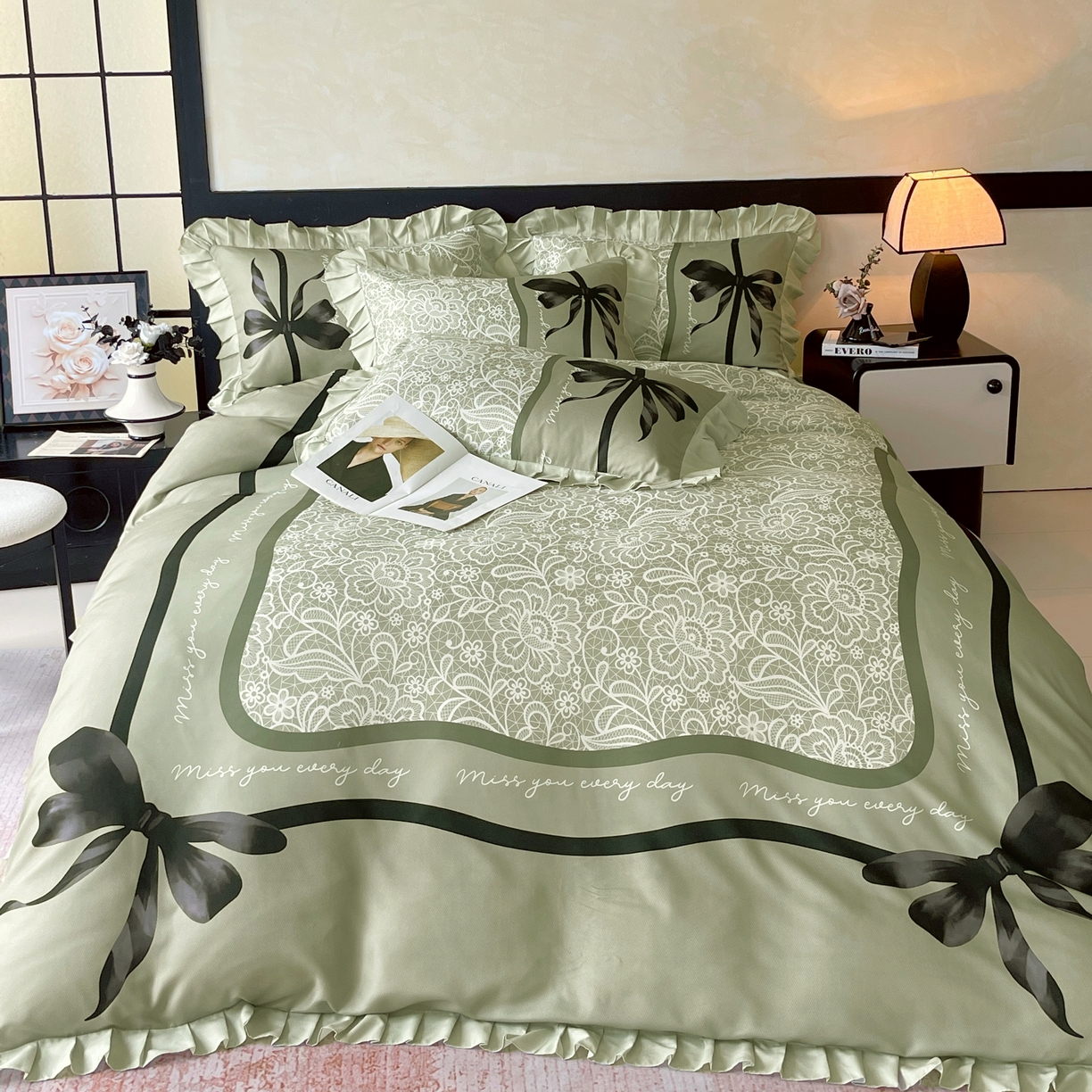 91家纺网 家纺一手货源 找家纺 大麦乐田 2025新款加厚磨毛植物羊绒韩版四件套 法式浪漫 绿