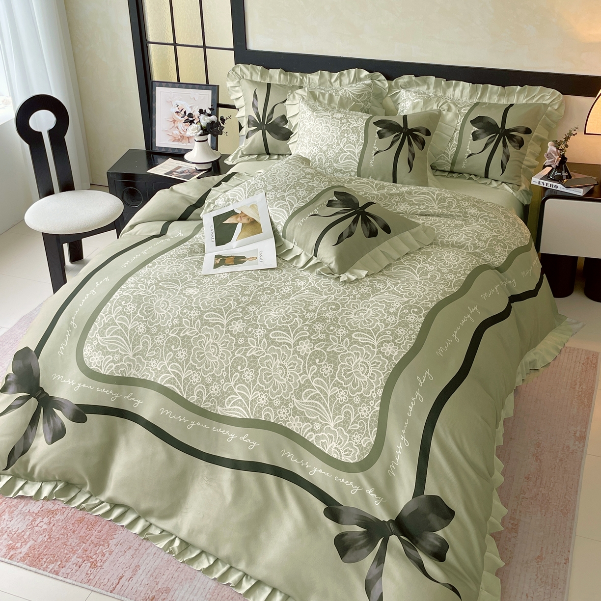 91家纺网 家纺一手货源 找家纺 大麦乐田 2025新款加厚磨毛植物羊绒韩版四件套 法式浪漫 绿