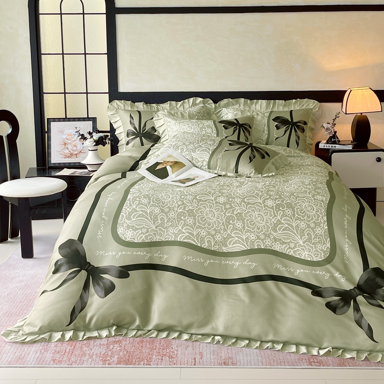 91家纺网 家纺一手货源 找家纺 大麦乐田 2025新款加厚磨毛植物羊绒韩版四件套 法式浪漫 绿