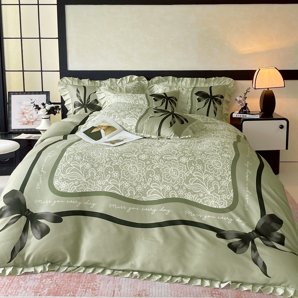 91家纺网 家纺一手货源 找家纺 大麦乐田 2025新款加厚磨毛植物羊绒韩版四件套 法式浪漫 绿