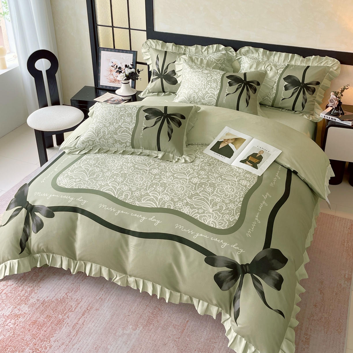 91家纺网 家纺一手货源 找家纺 大麦乐田 2025新款加厚磨毛植物羊绒韩版四件套 法式浪漫 绿