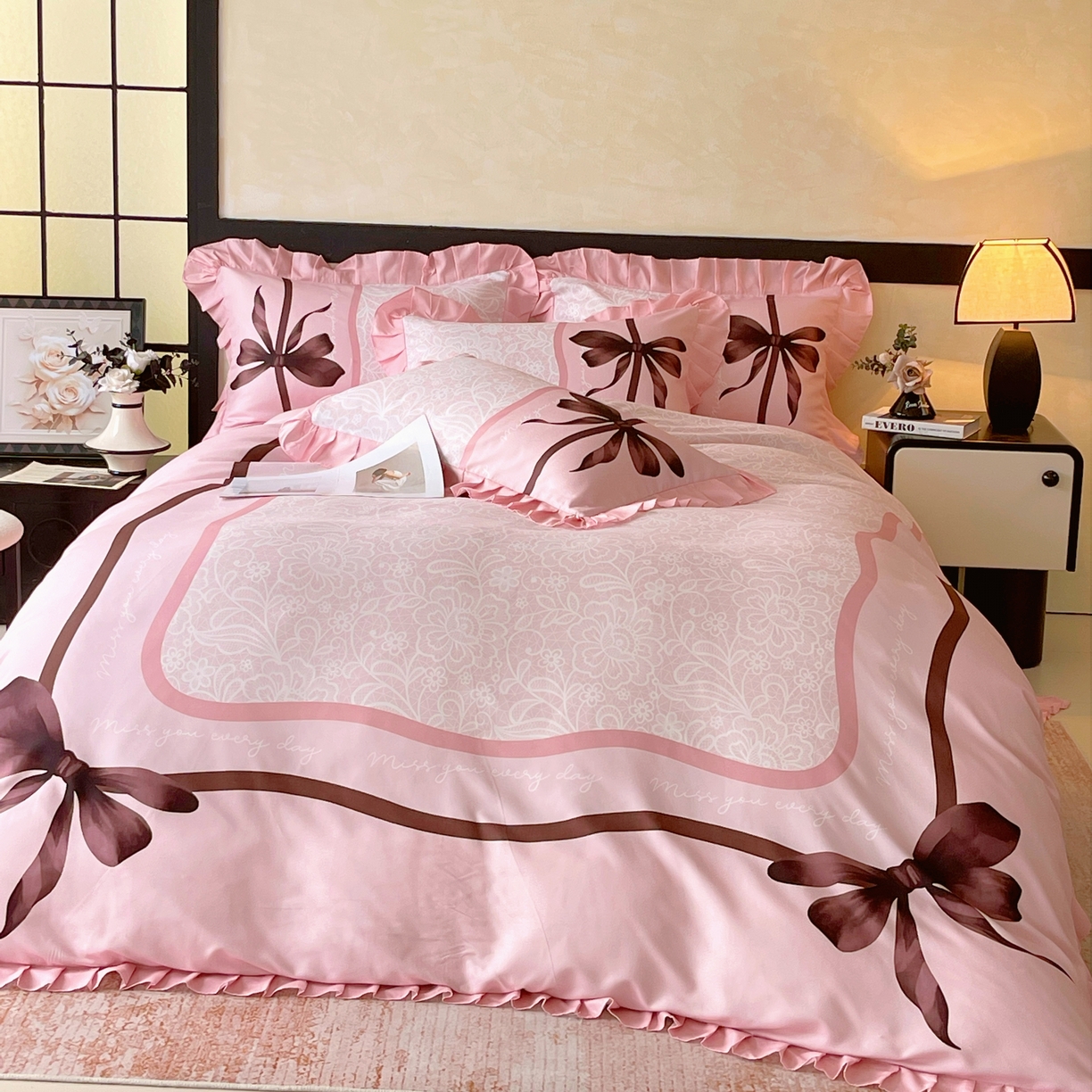 91家纺网 家纺一手货源 找家纺 大麦乐田 2025新款加厚磨毛植物羊绒韩版四件套 法式浪漫 玉