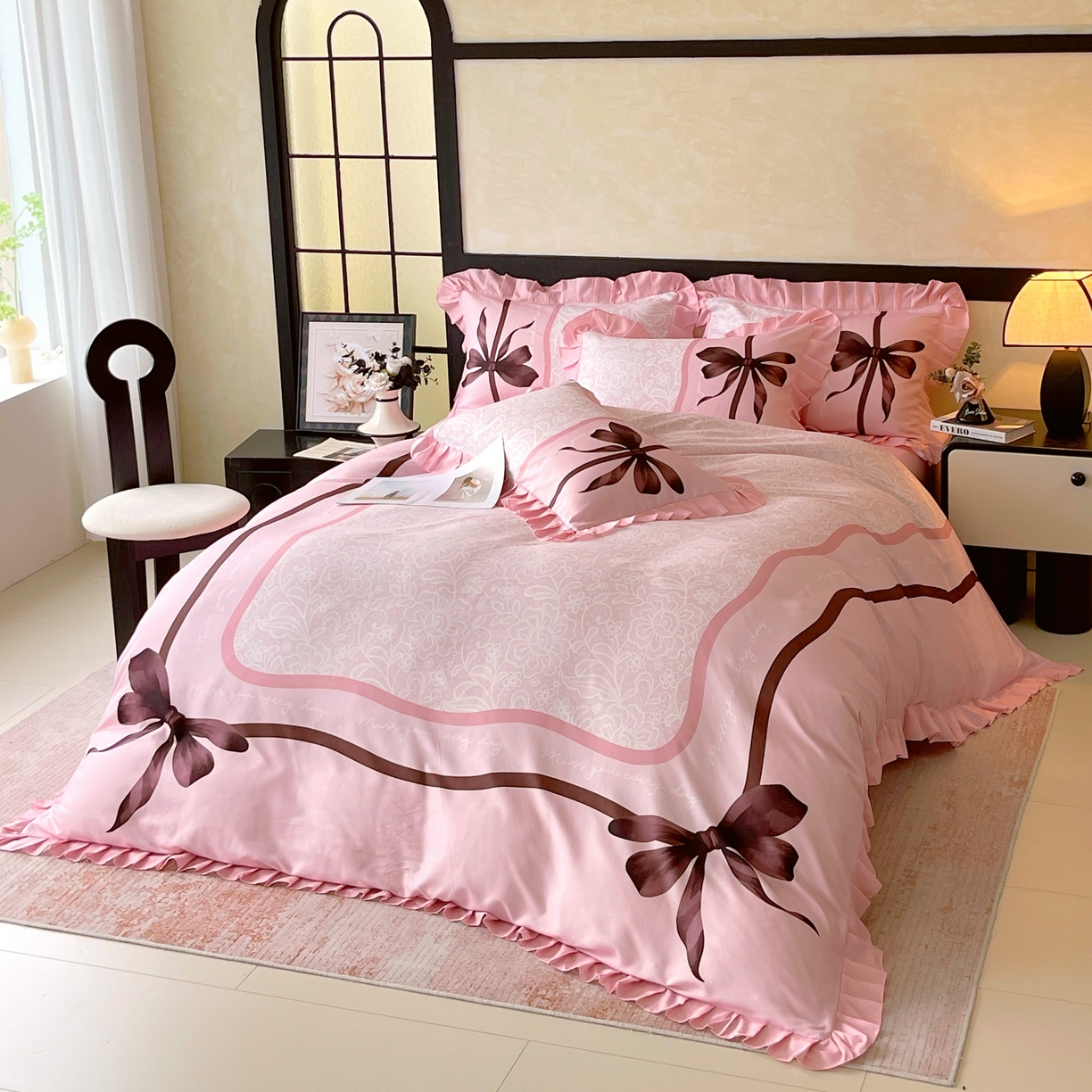 91家纺网 家纺一手货源 找家纺 大麦乐田 2025新款加厚磨毛植物羊绒韩版四件套 法式浪漫 玉