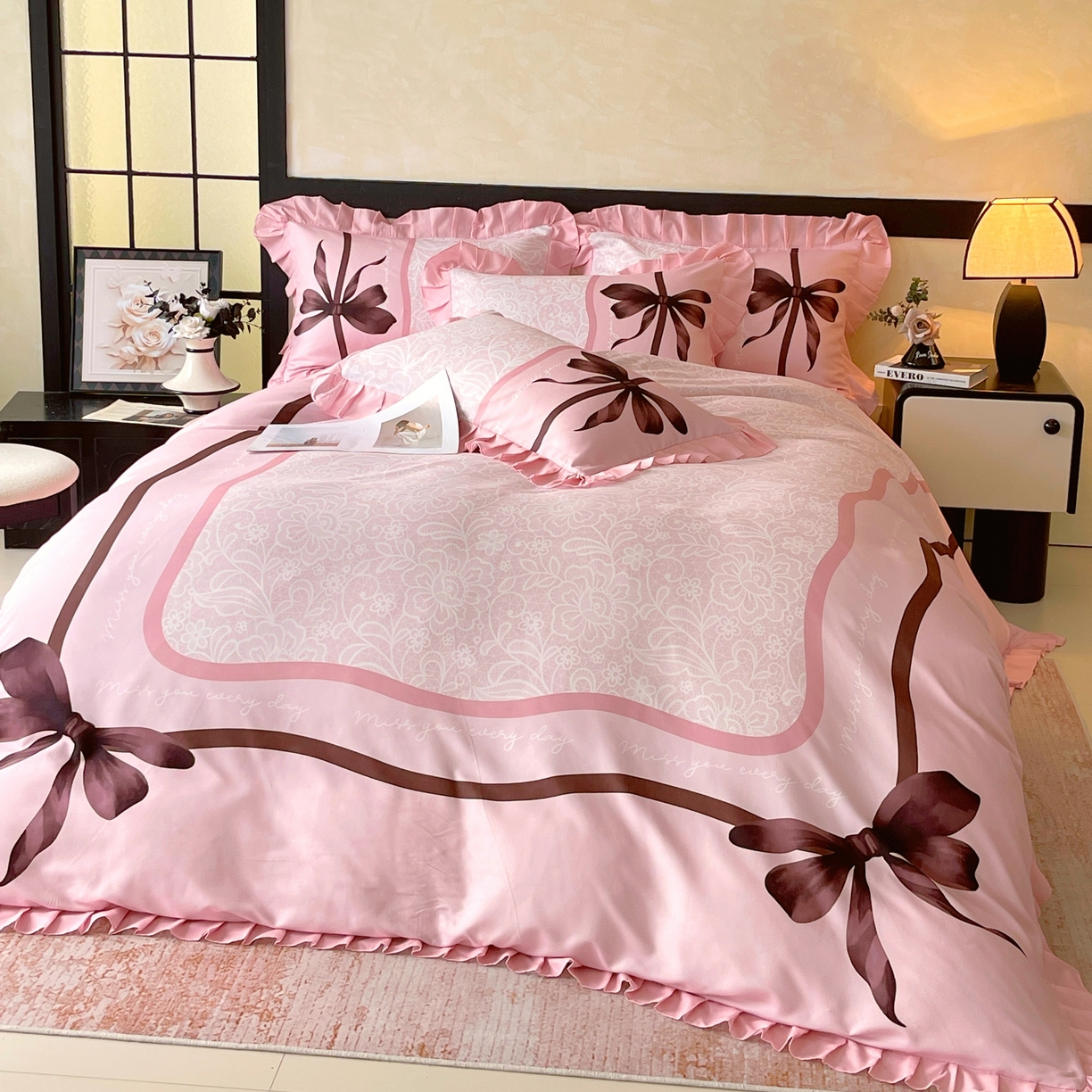 91家纺网 家纺一手货源 找家纺 大麦乐田 2025新款加厚磨毛植物羊绒韩版四件套 法式浪漫 玉