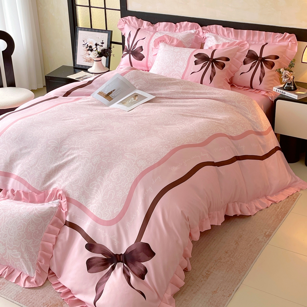 91家纺网 家纺一手货源 找家纺 大麦乐田 2025新款加厚磨毛植物羊绒韩版四件套 法式浪漫 玉