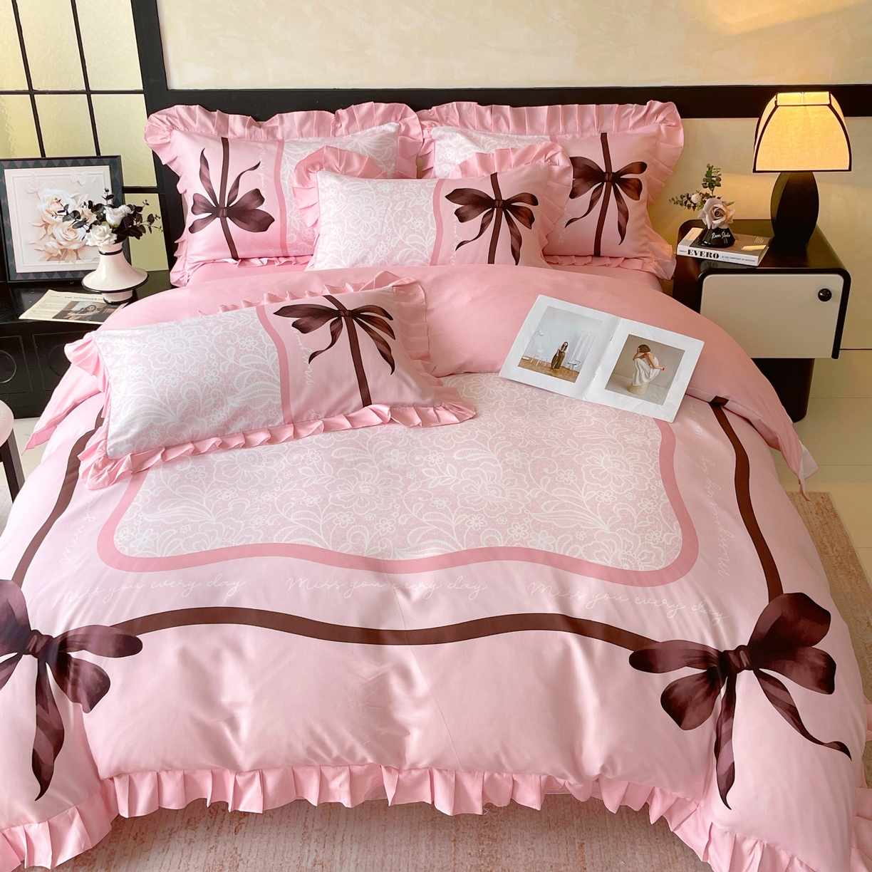 91家纺网 家纺一手货源 找家纺 大麦乐田 2025新款加厚磨毛植物羊绒韩版四件套 法式浪漫 玉