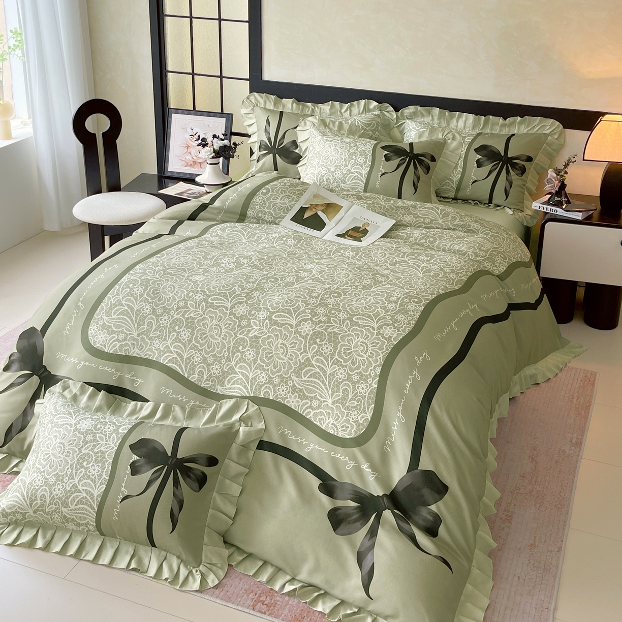 91家纺网 家纺一手货源 找家纺 大麦乐田 2025新款加厚磨毛植物羊绒韩版四件套 法式浪漫 绿