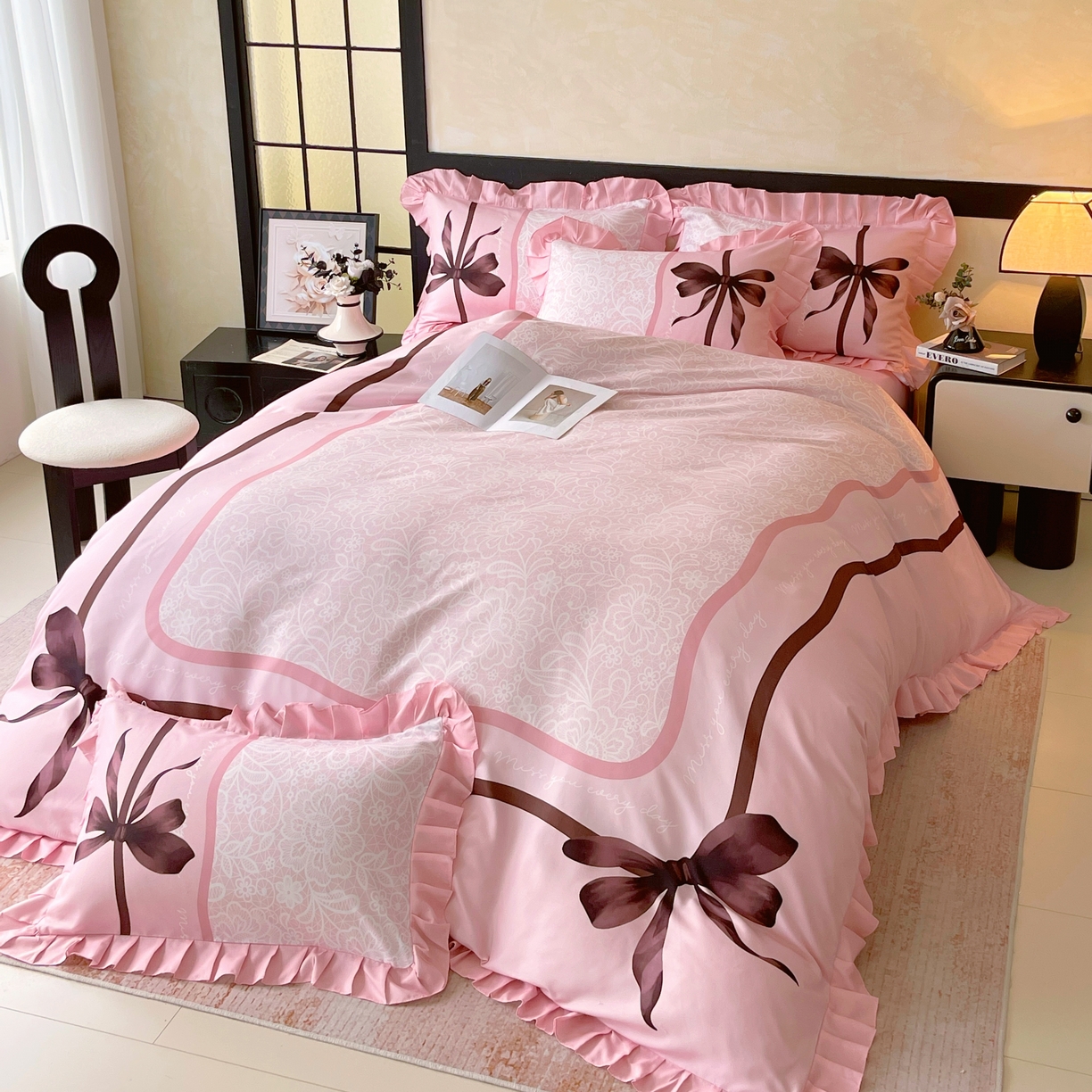 91家纺网 家纺一手货源 找家纺 大麦乐田 2025新款加厚磨毛植物羊绒韩版四件套 法式浪漫 玉