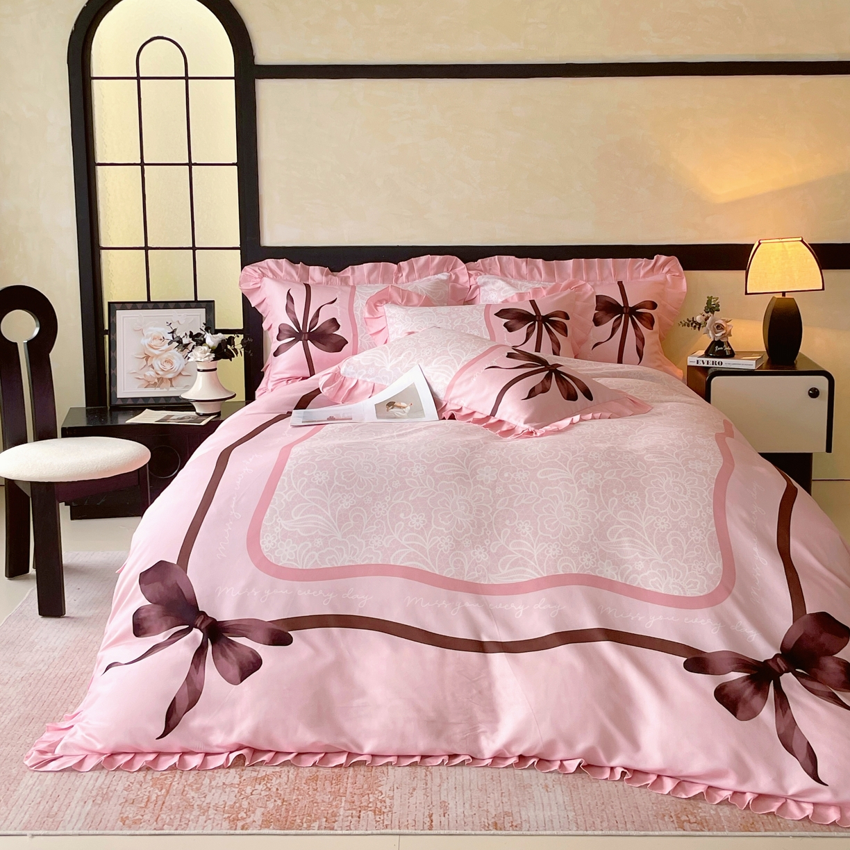 91家纺网 家纺一手货源 找家纺 大麦乐田 2025新款加厚磨毛植物羊绒韩版四件套 法式浪漫 玉