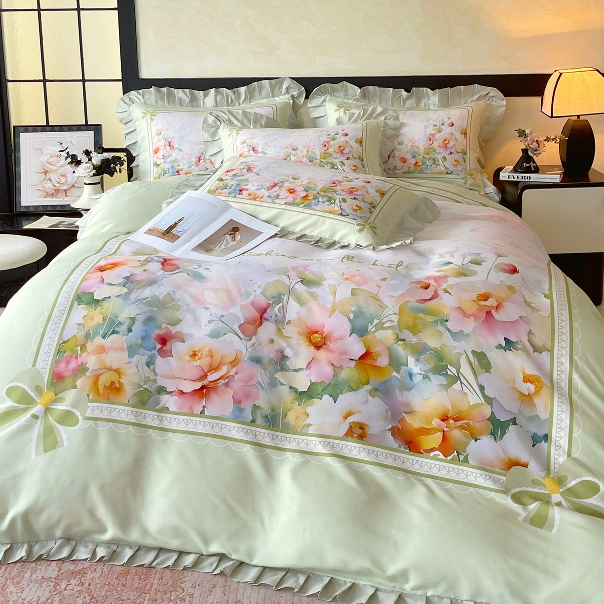 91家纺网 家纺一手货源 找家纺 大麦乐田 2025新款加厚磨毛植物羊绒韩版四件套 花屹恋人 绿