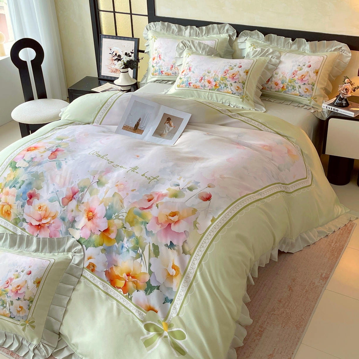 91家纺网 家纺一手货源 找家纺 大麦乐田 2025新款加厚磨毛植物羊绒韩版四件套 花屹恋人 绿