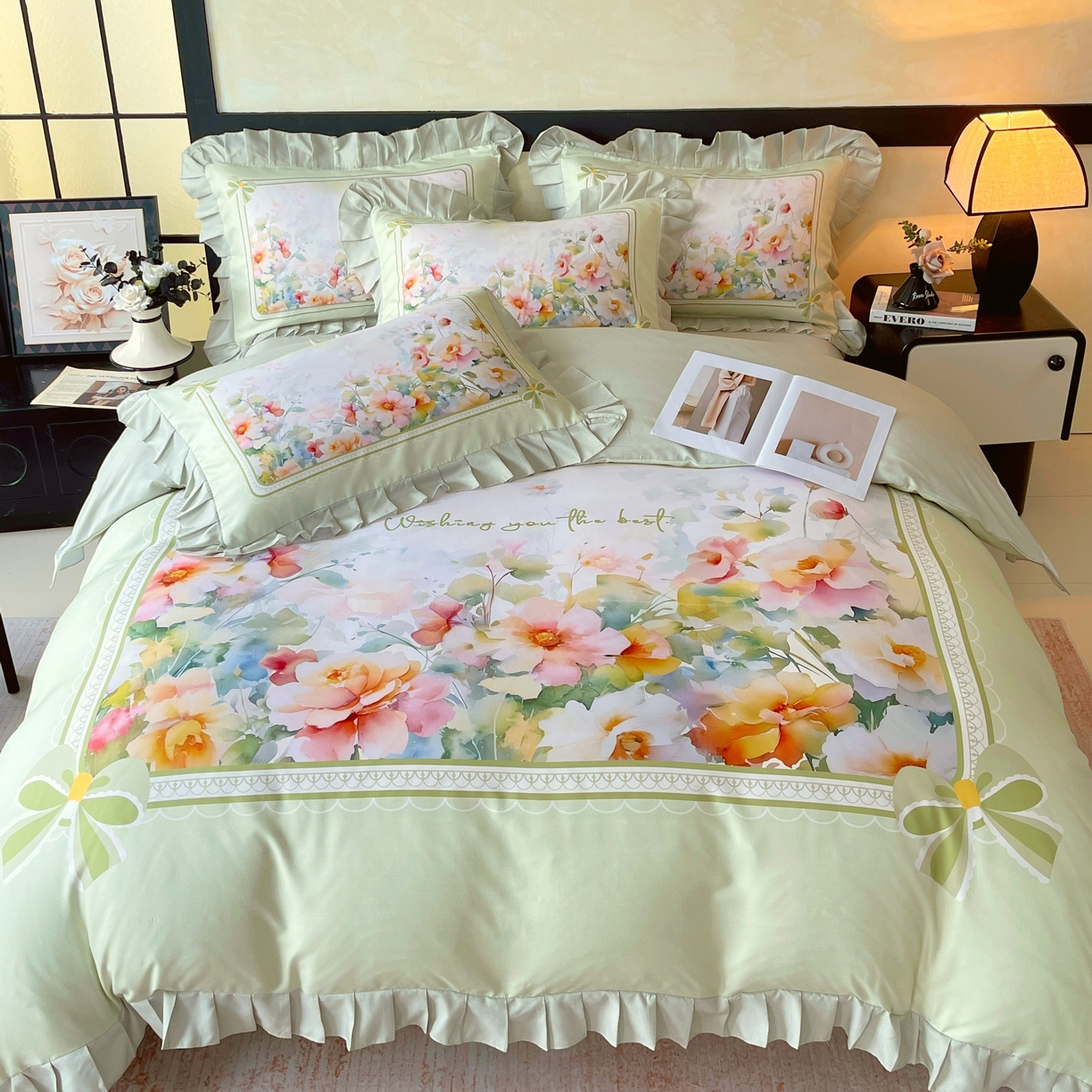 91家纺网 家纺一手货源 找家纺 大麦乐田 2025新款加厚磨毛植物羊绒韩版四件套 花屹恋人 绿