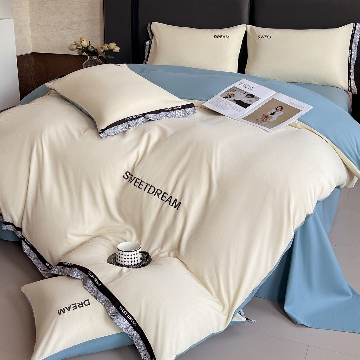 91家纺网 家纺一手货源 找家纺 大麦乐田 2025新款法式轻奢碳素刺绣磨毛四件套-北欧风情 北欧风情 奶白兰