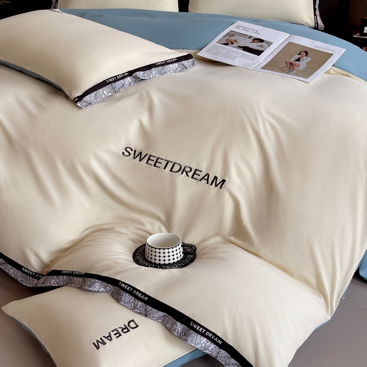 91家纺网 家纺一手货源 找家纺 大麦乐田 2025新款法式轻奢碳素刺绣磨毛四件套-北欧风情 北欧风情 奶白兰