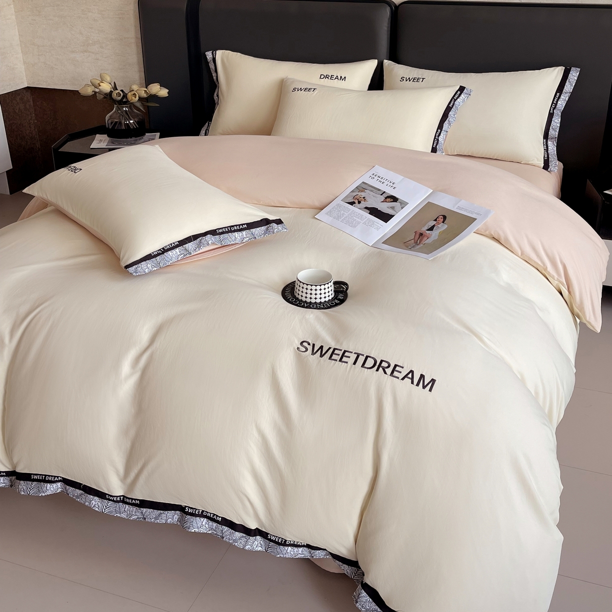 91家纺网 家纺一手货源 找家纺 大麦乐田 2025新款法式轻奢碳素刺绣磨毛四件套-北欧风情 北欧风情 奶白咖