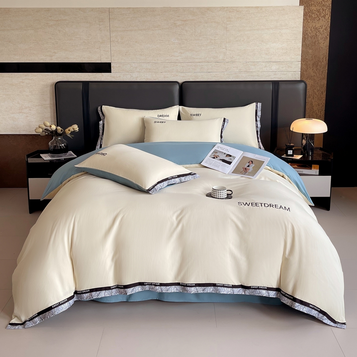 91家纺网 家纺一手货源 找家纺 大麦乐田 2025新款法式轻奢碳素刺绣磨毛四件套-北欧风情 北欧风情 奶白兰