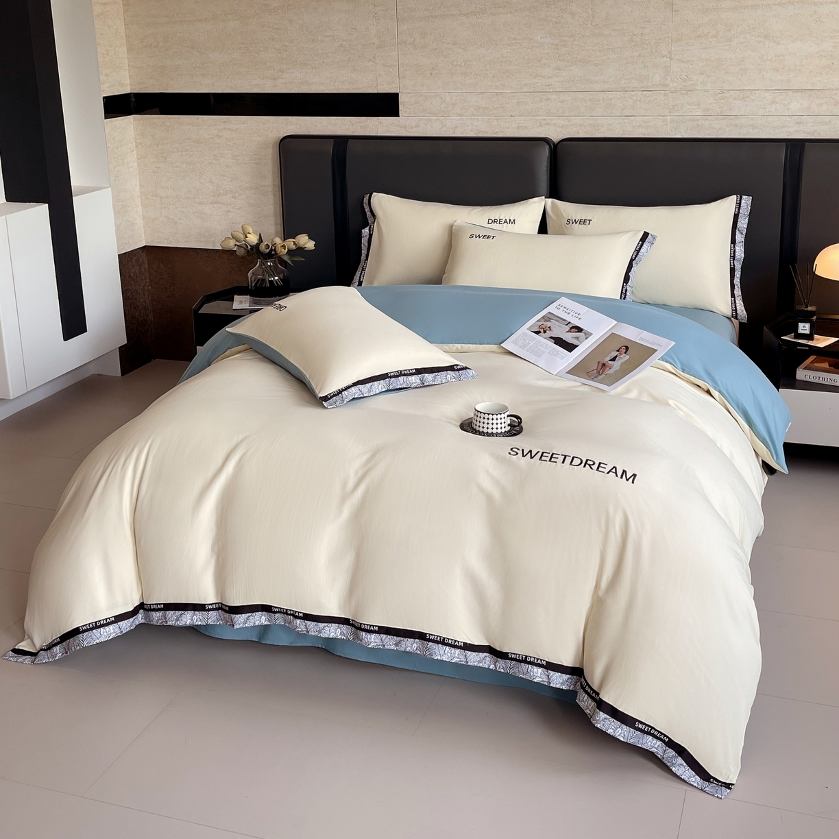 91家纺网 家纺一手货源 找家纺 大麦乐田 2025新款法式轻奢碳素刺绣磨毛四件套-北欧风情 北欧风情 奶白兰