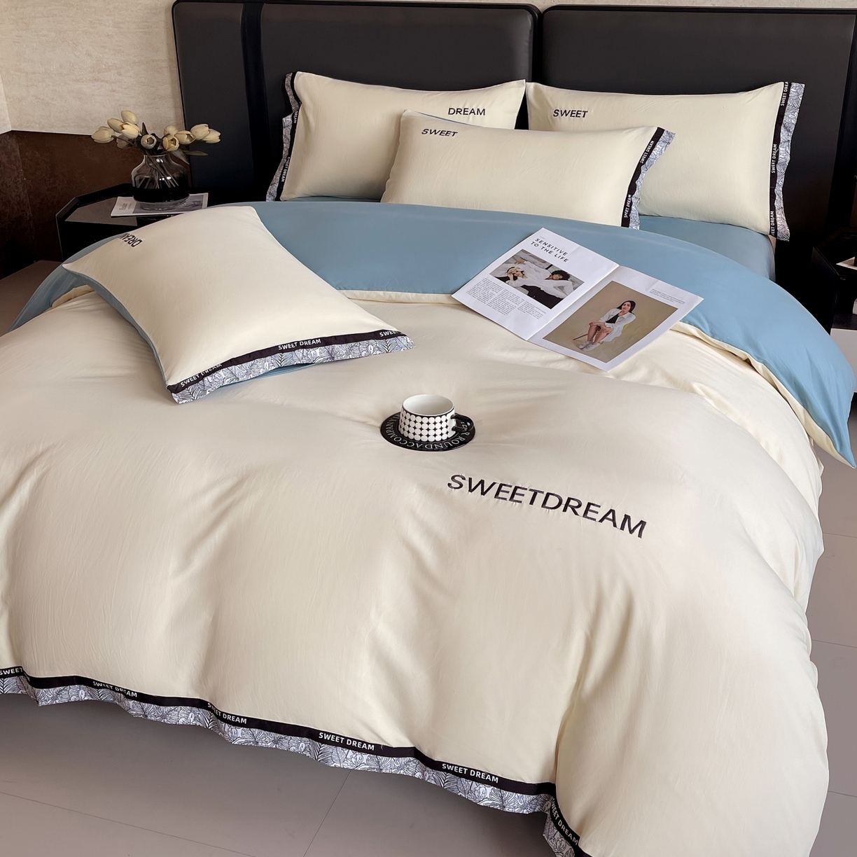 91家纺网 家纺一手货源 找家纺 大麦乐田 2025新款法式轻奢碳素刺绣磨毛四件套-北欧风情 北欧风情 奶白兰