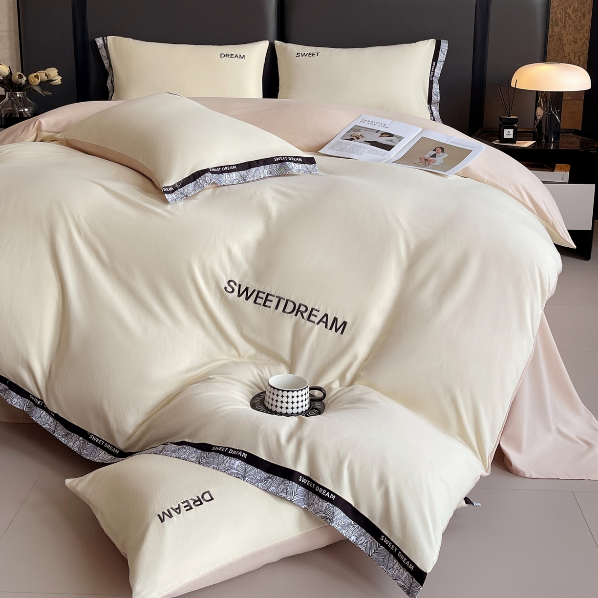 91家纺网 家纺一手货源 找家纺 大麦乐田 2025新款法式轻奢碳素刺绣磨毛四件套-北欧风情 北欧风情 奶白咖