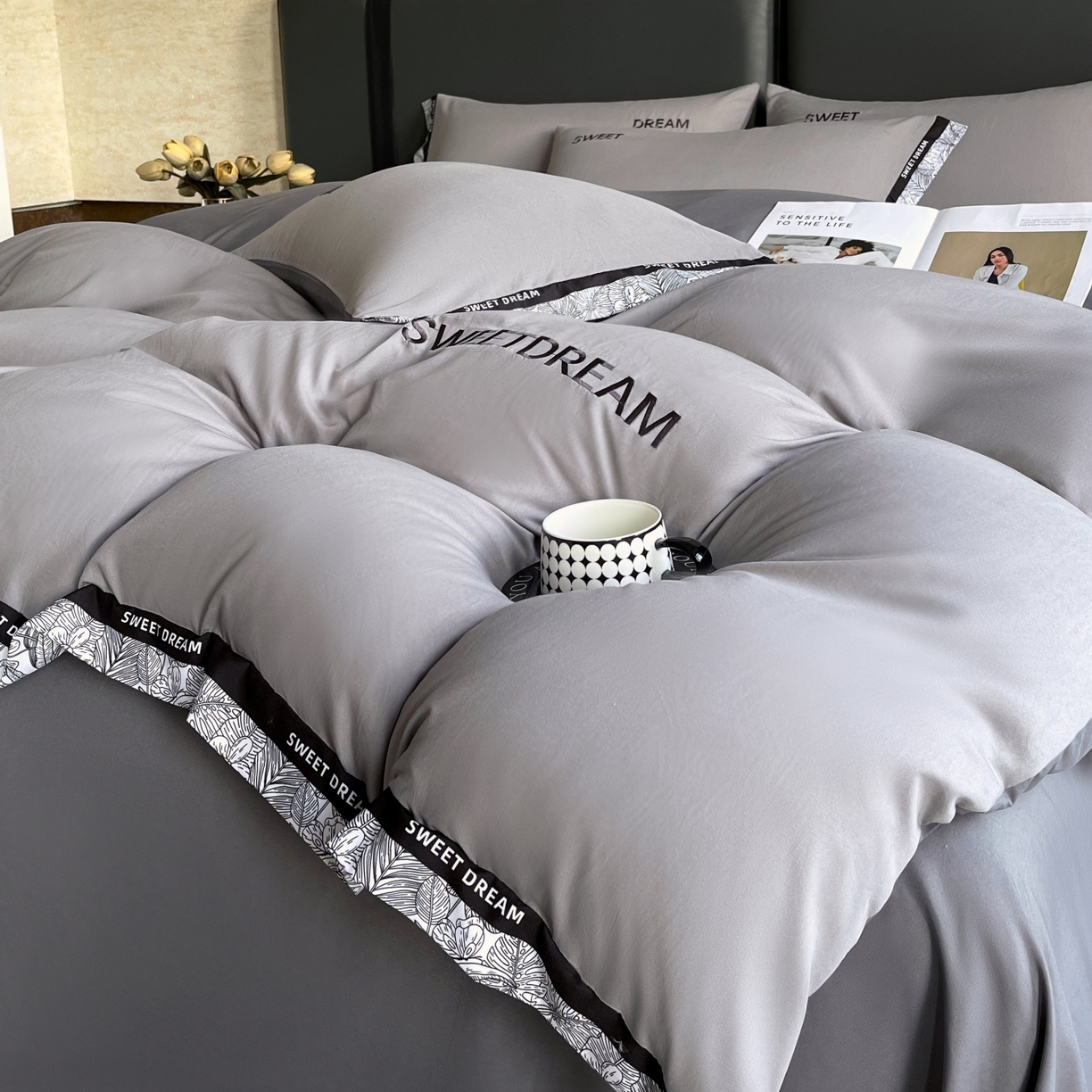 91家纺网 家纺一手货源 找家纺 大麦乐田 2025新款法式轻奢碳素刺绣磨毛四件套-北欧风情 北欧风情 绅士灰