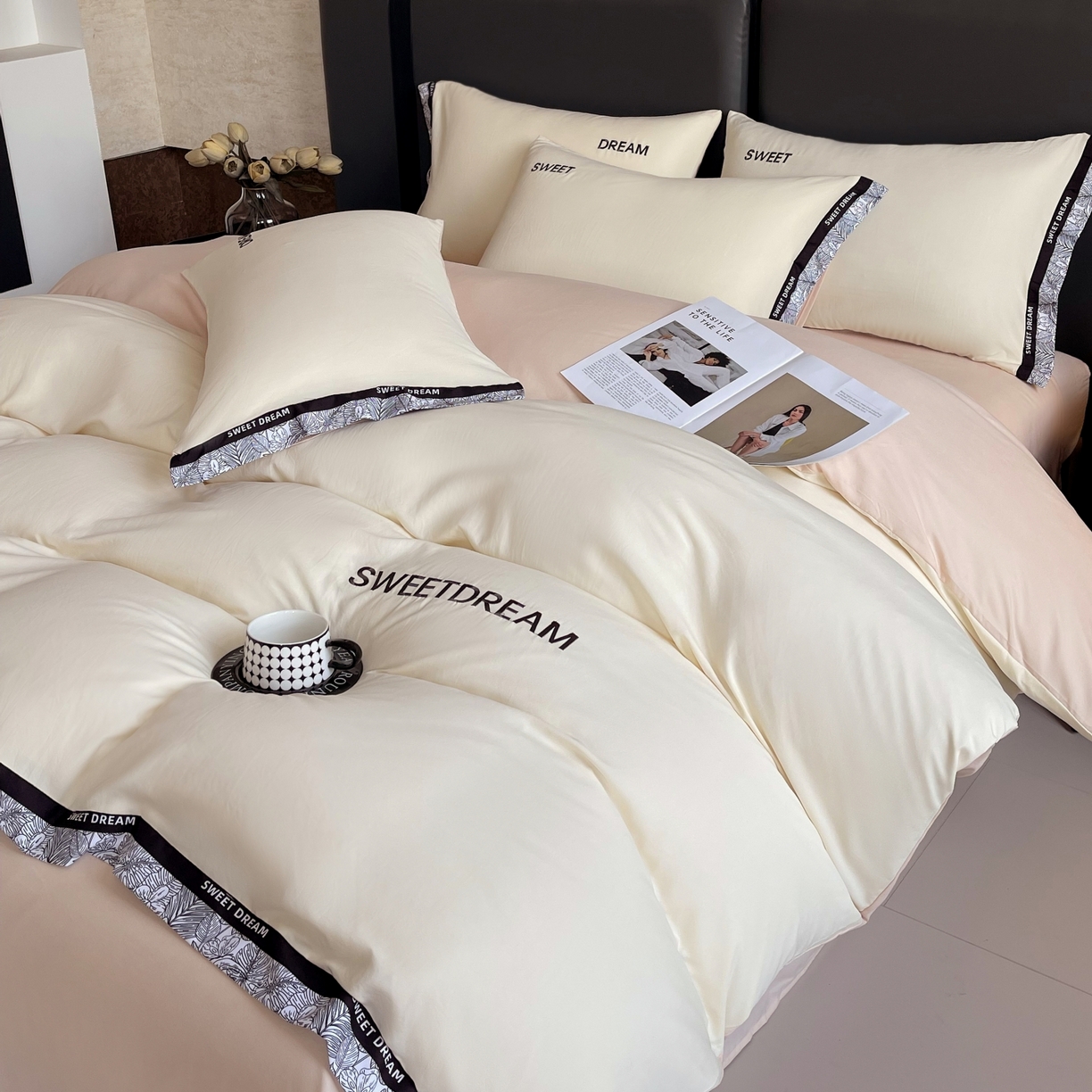 91家纺网 家纺一手货源 找家纺 大麦乐田 2025新款法式轻奢碳素刺绣磨毛四件套-北欧风情 北欧风情 奶白咖