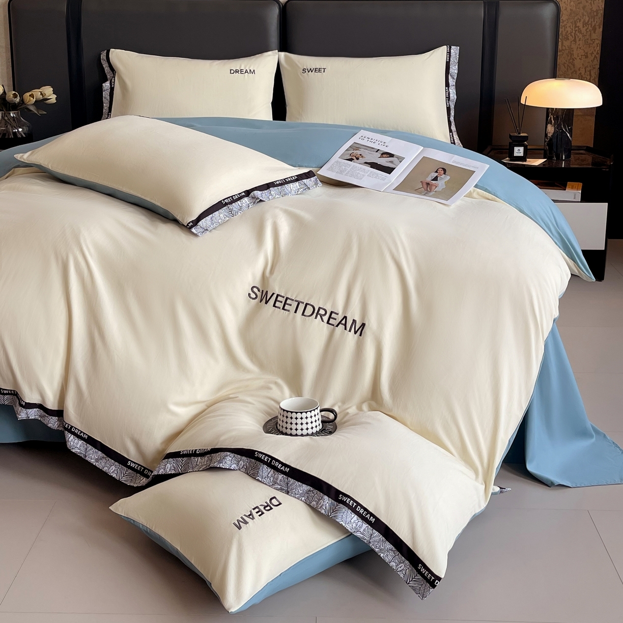 91家纺网 家纺一手货源 找家纺 大麦乐田 2025新款法式轻奢碳素刺绣磨毛四件套-北欧风情 北欧风情 奶白兰