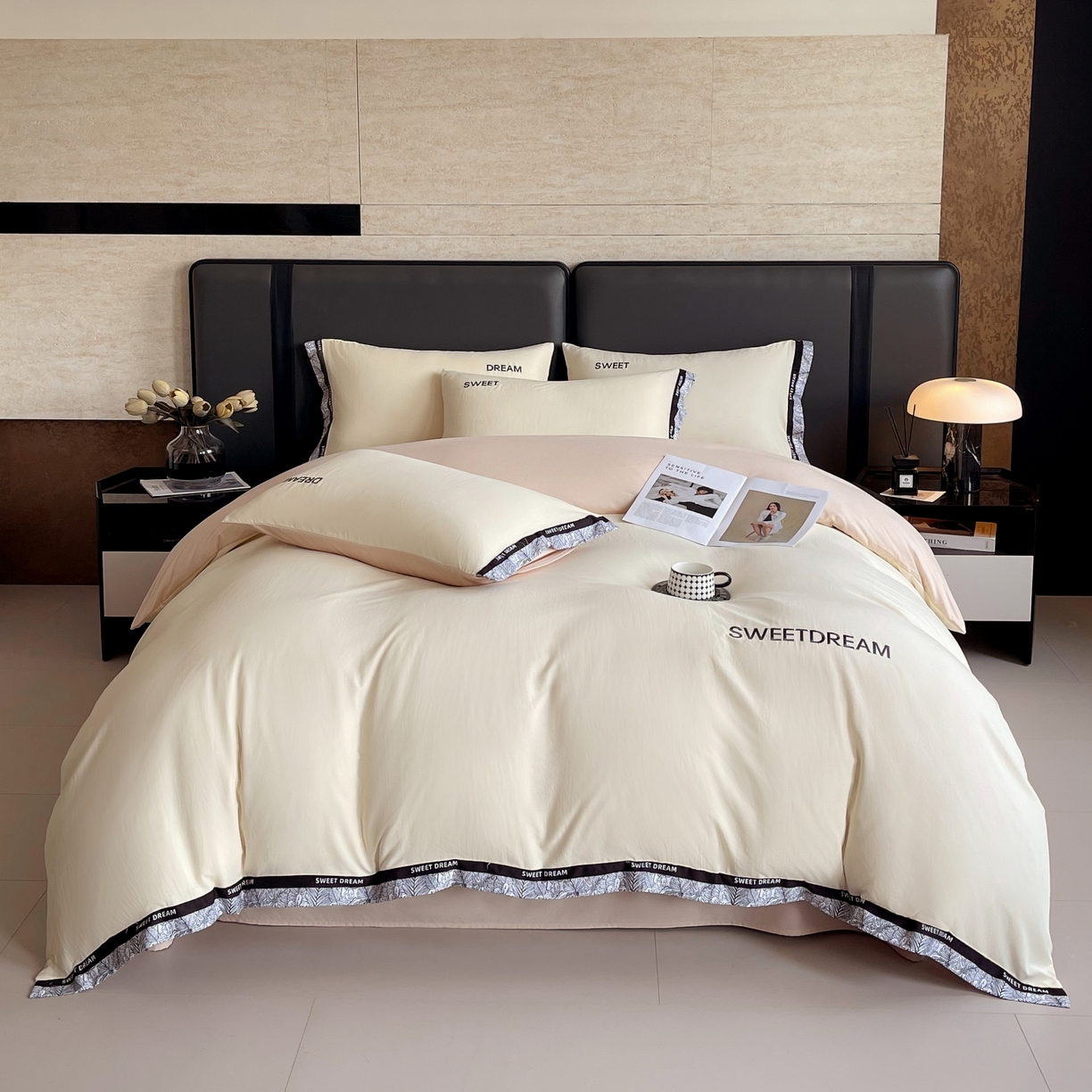 91家纺网 家纺一手货源 找家纺 大麦乐田 2025新款法式轻奢碳素刺绣磨毛四件套-北欧风情 北欧风情 奶白咖