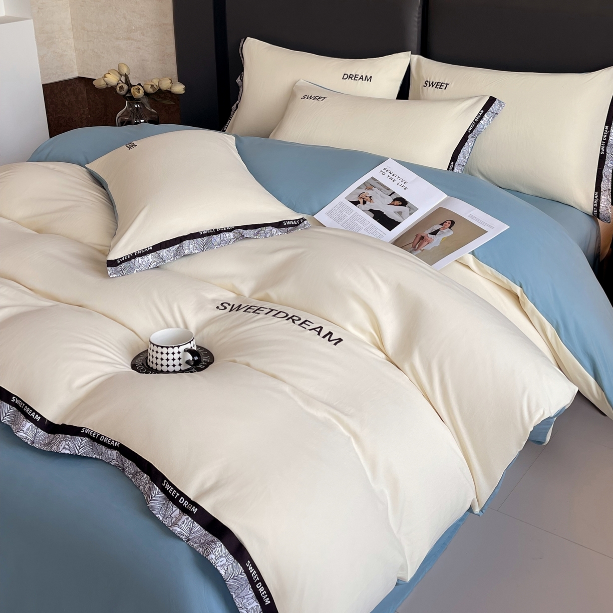 91家纺网 家纺一手货源 找家纺 大麦乐田 2025新款法式轻奢碳素刺绣磨毛四件套-北欧风情 北欧风情 奶白兰