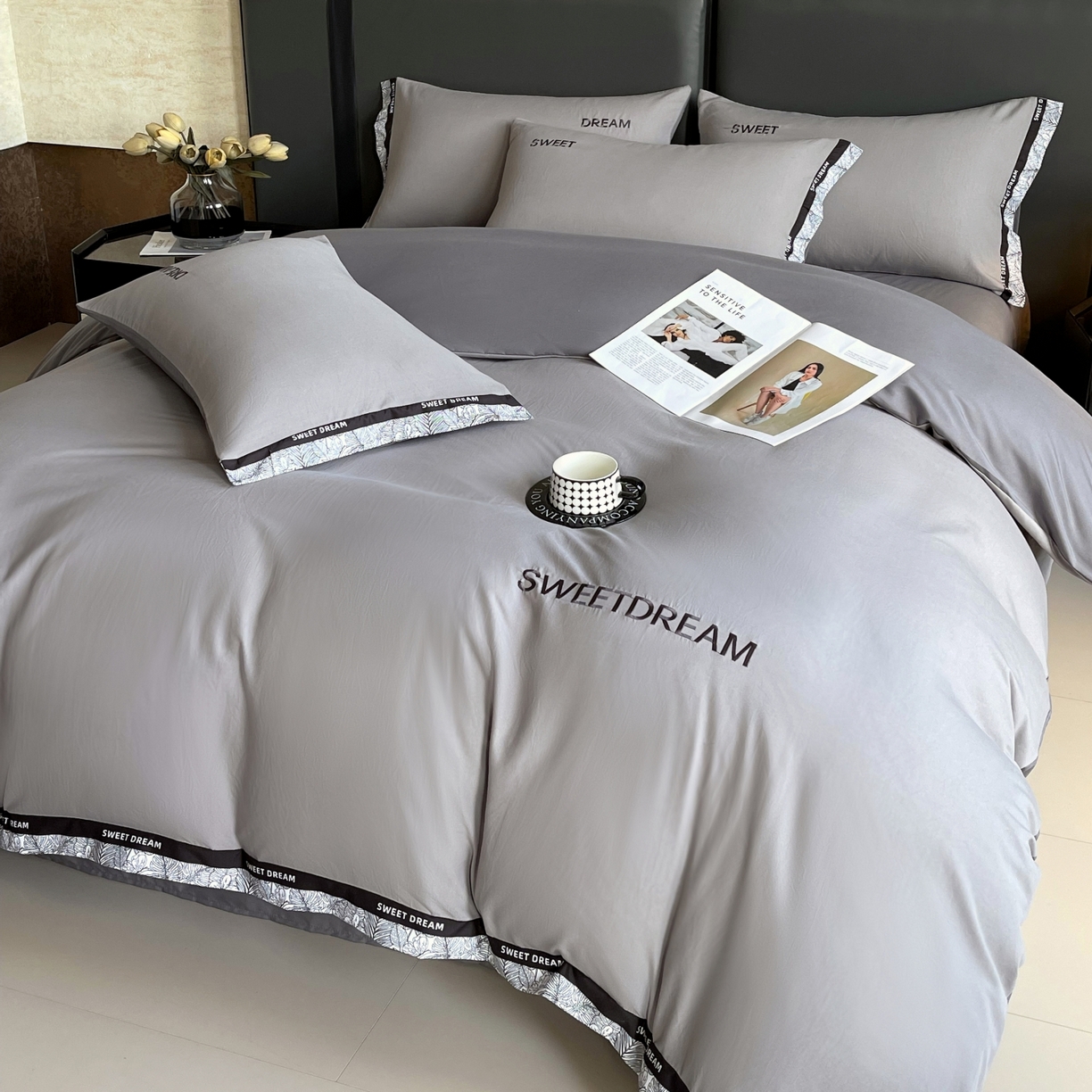 大麦乐田 2025新款法式轻奢碳素刺绣磨毛四件套-北欧风情 北欧风情 绅士灰