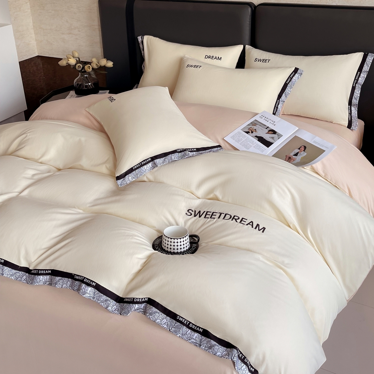 91家纺网 家纺一手货源 找家纺 大麦乐田 2025新款法式轻奢碳素刺绣磨毛四件套-北欧风情 北欧风情 奶白咖