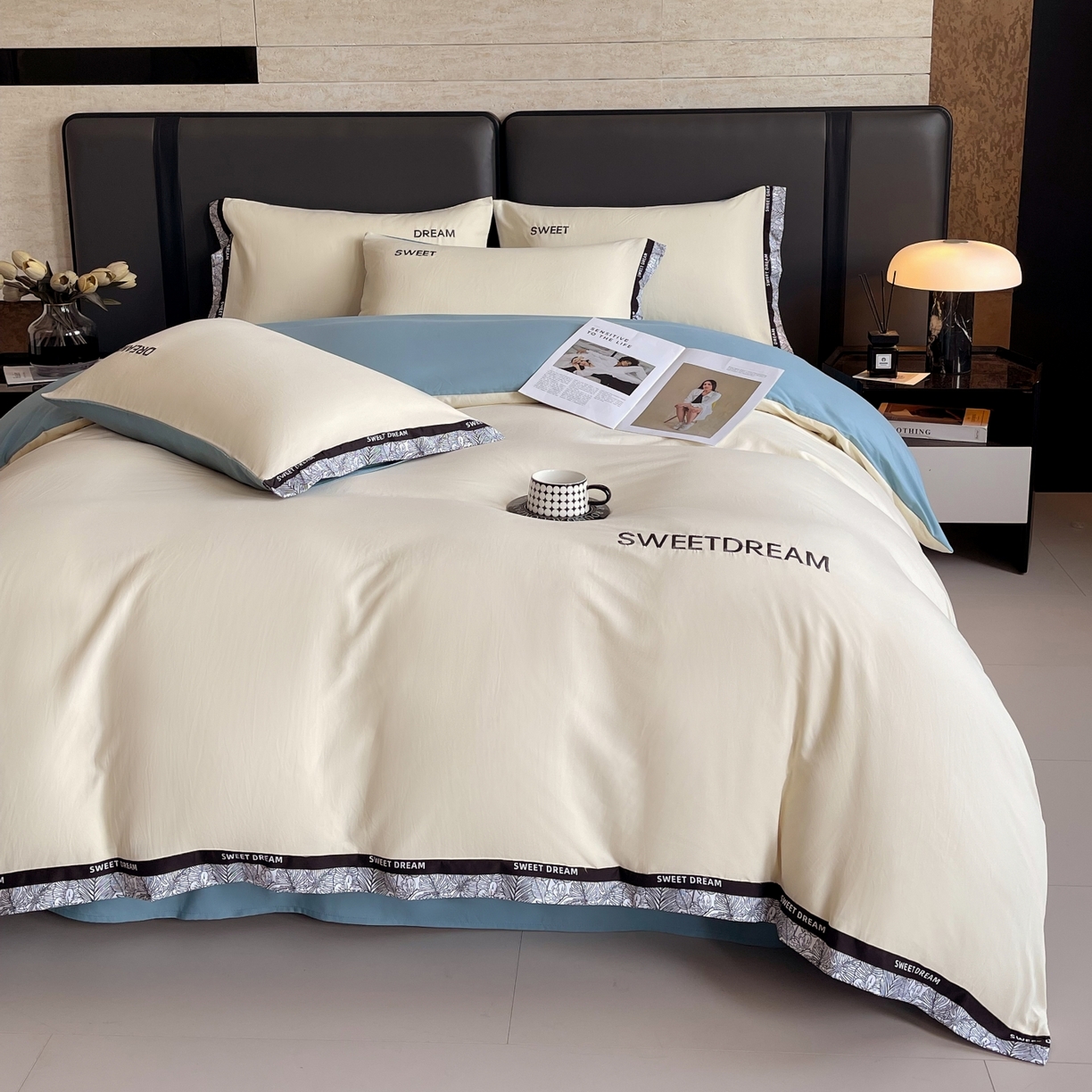 91家纺网 家纺一手货源 找家纺 大麦乐田 2025新款法式轻奢碳素刺绣磨毛四件套-北欧风情 北欧风情 奶白兰