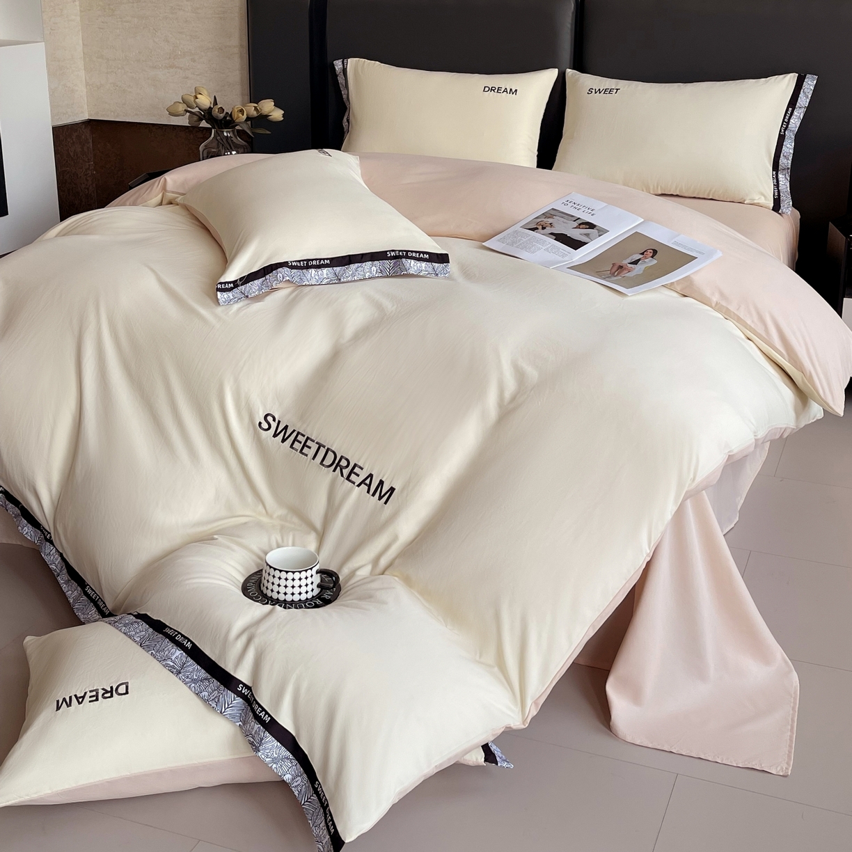 91家纺网 家纺一手货源 找家纺 大麦乐田 2025新款法式轻奢碳素刺绣磨毛四件套-北欧风情 北欧风情 奶白咖